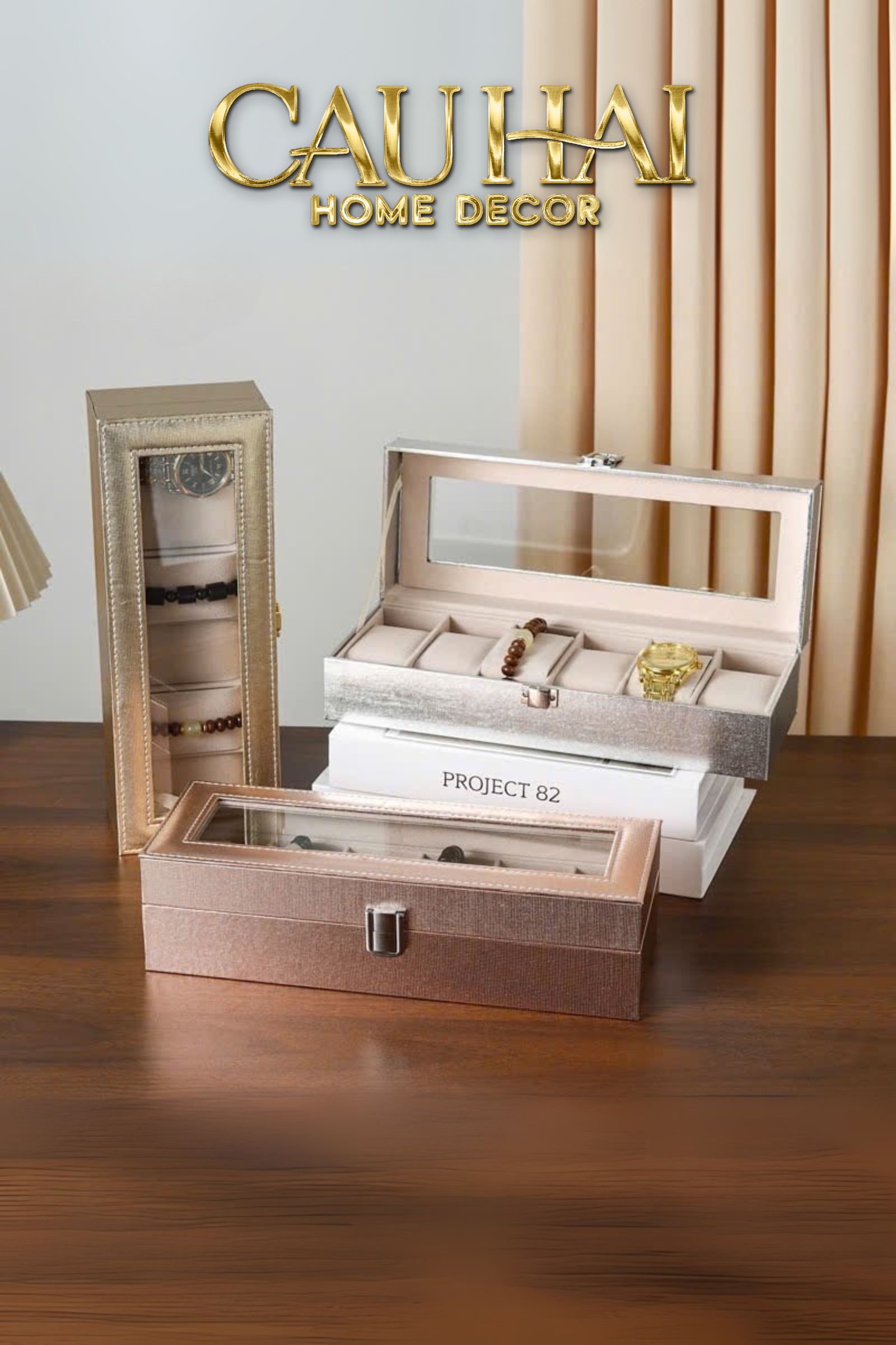 HỘP ĐỒNG HỒ DA GLAZE CHAMPAGNE 6 SLOTS-CẬU HAI HOME DECOR