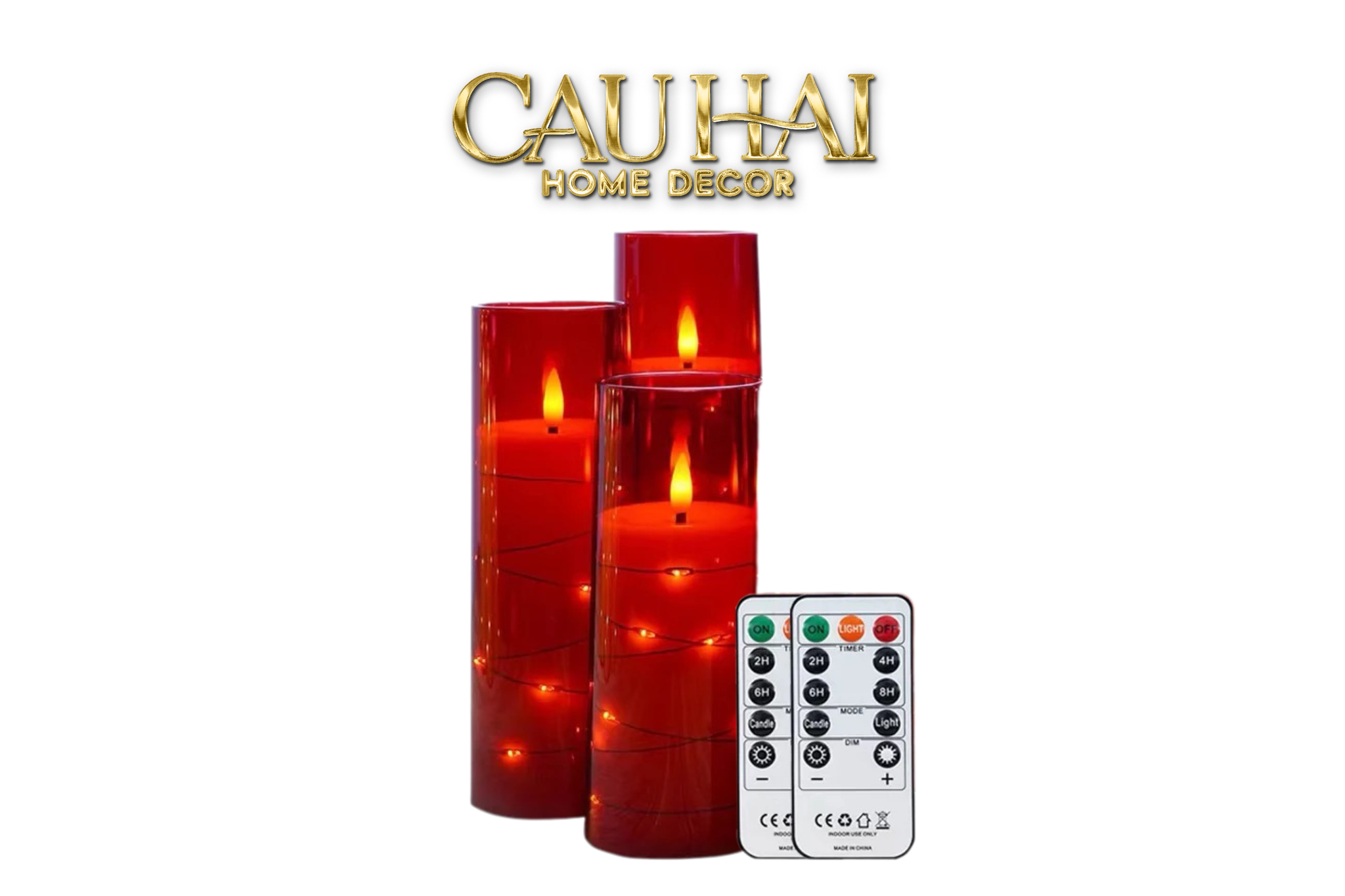 FÊTES COUTURE -  SET NẾN ĐIỆN FLAME – BOUGIES ROUGES CRISTAL CANDLES 3PCS