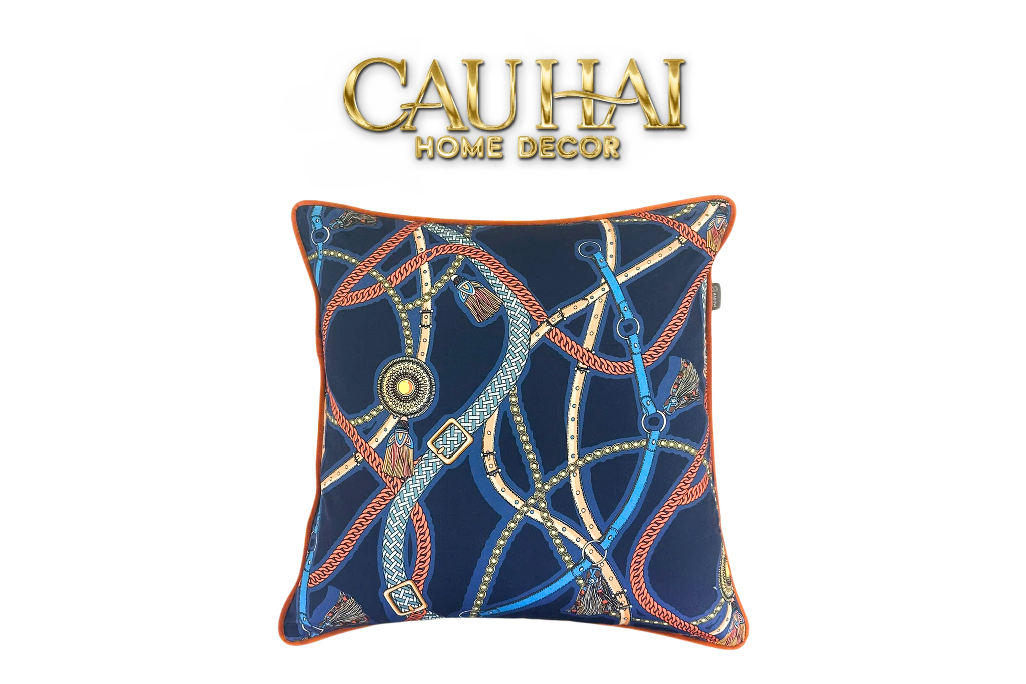 VỎ GỐI COTTON SATIN LES RÊNES ÉQUESTRES - BLEU INDIGO 45