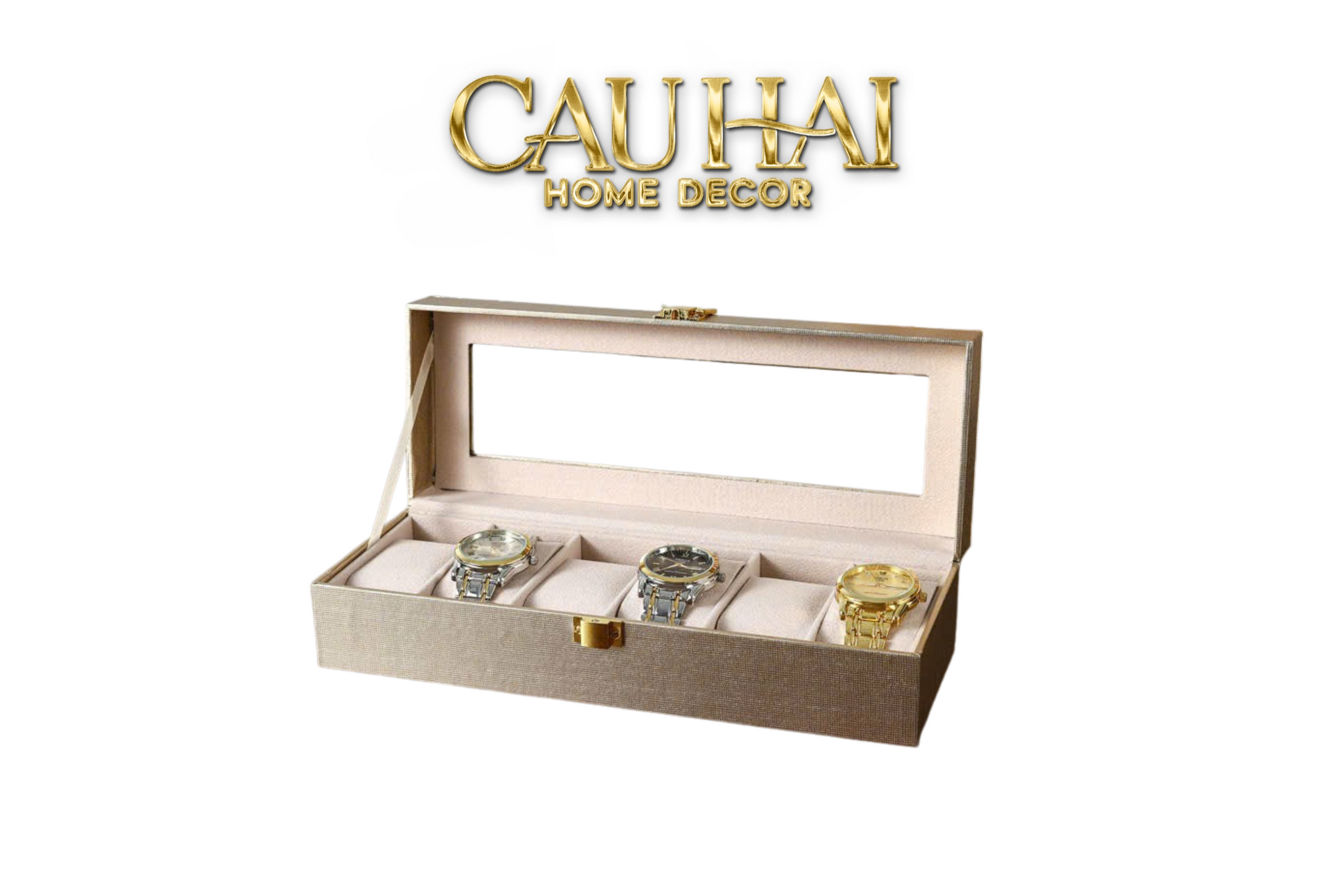 HỘP ĐỒNG HỒ DA GLAZE CHAMPAGNE 6 SLOTS-CẬU HAI HOME DECOR