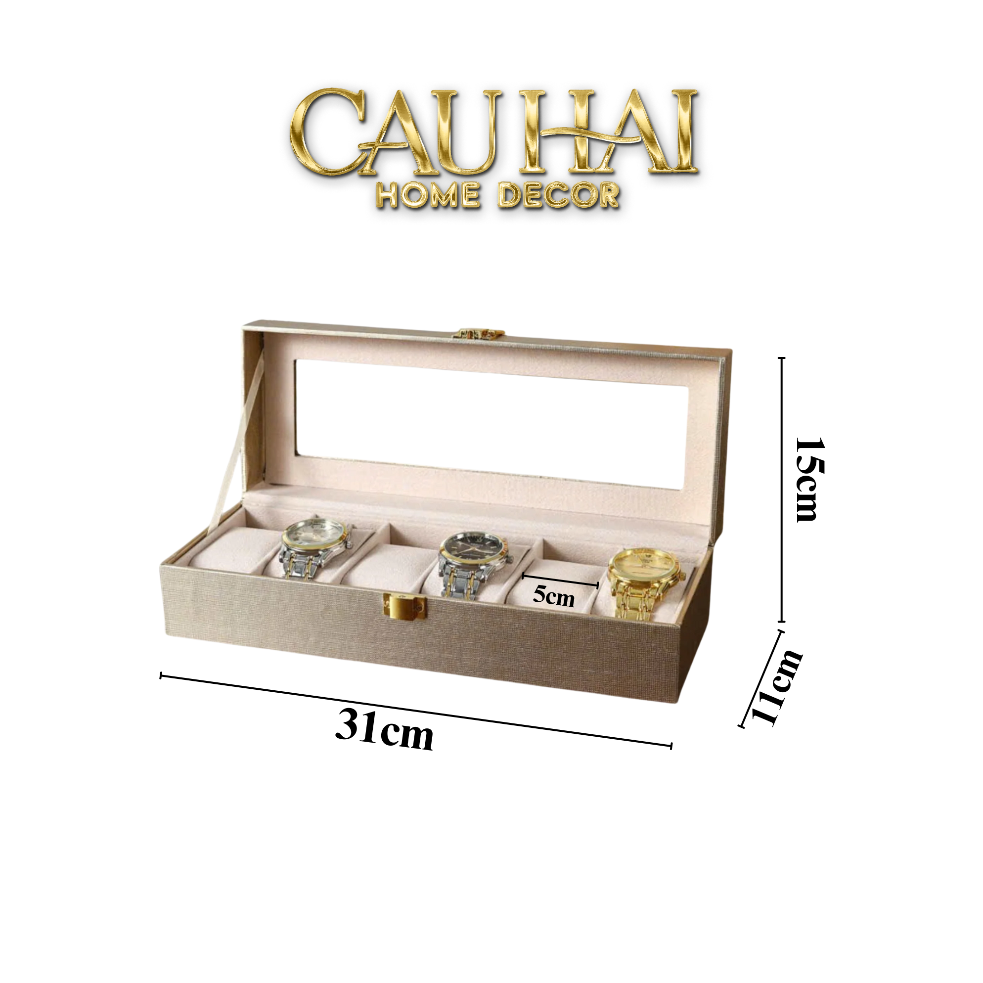 HỘP ĐỒNG HỒ DA GLAZE CHAMPAGNE 6 SLOTS-CẬU HAI HOME DECOR