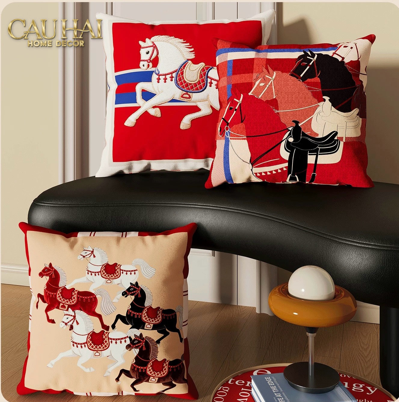 Tết Couture - Vỏ Gối Nhung Équestre Crimson Rouge Cheval de Bataille 45