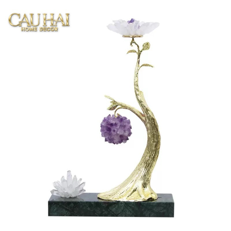 Maison Couture - Tượng Nhánh Cây Đồng & Đá Thạch Anh Amethyst Orb Brasson Hanging Tree 25x39