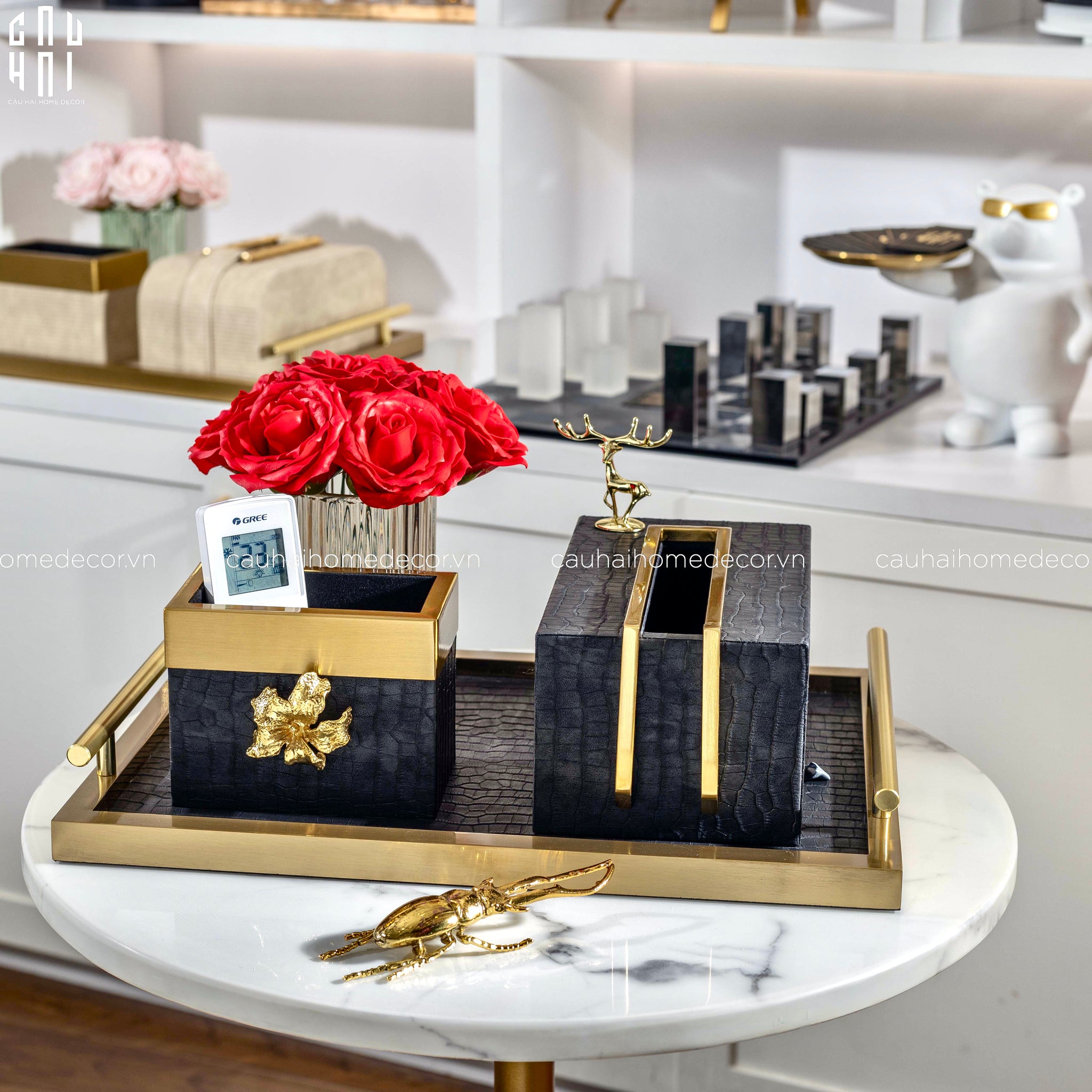 Maison Couture - Set Khay Hộp Giấy Gỗ Sồi  Da Cao Cấp - Luxe Oakwood Birkin Noire Vanities 3Pcs 30x40