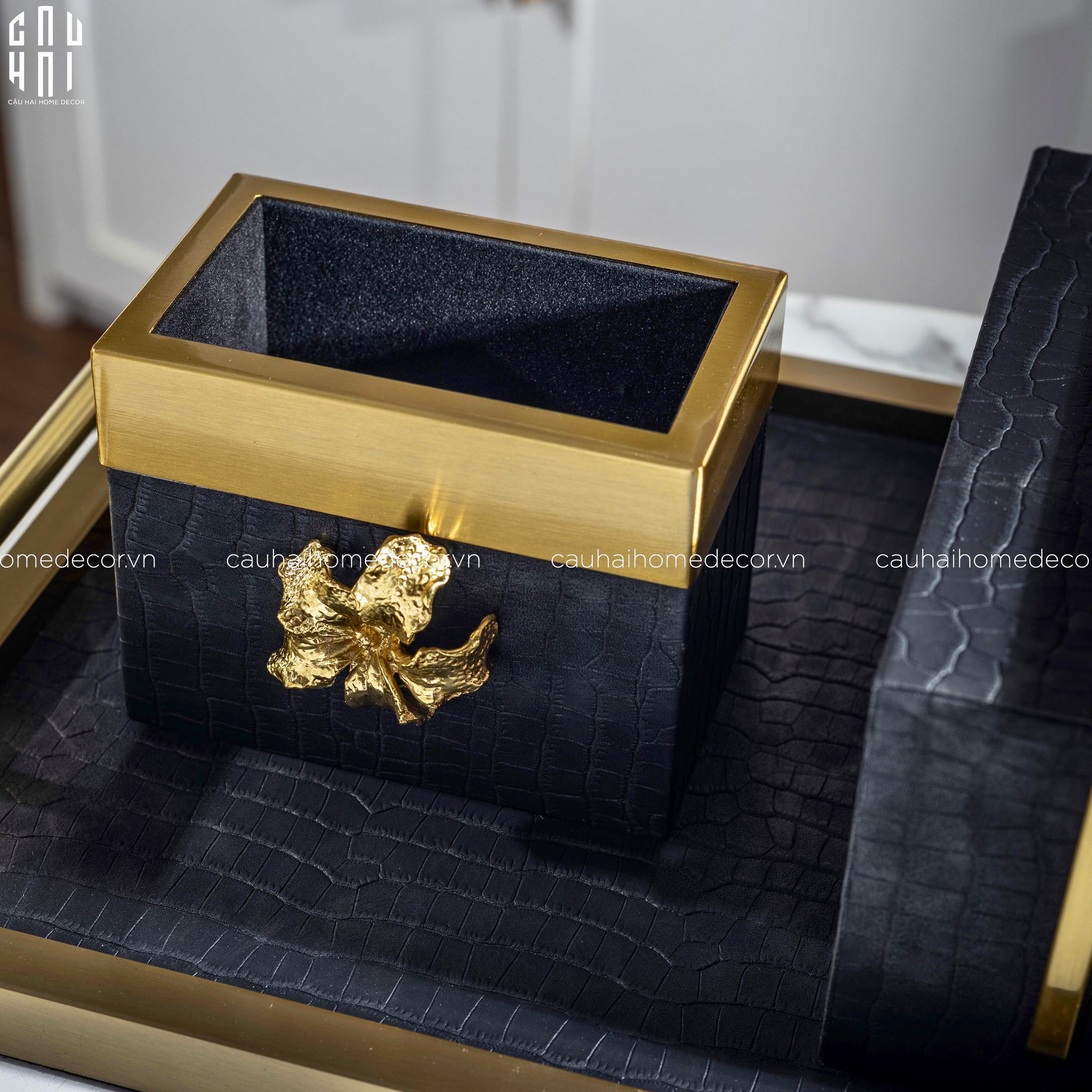 Maison Couture - Set Khay Hộp Giấy Gỗ Sồi  Da Cao Cấp - Luxe Oakwood Birkin Noire Vanities 3Pcs 30x40