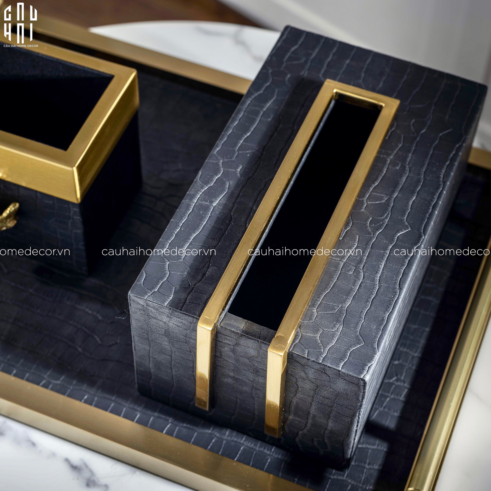 Maison Couture - Set Khay Hộp Giấy Gỗ Sồi  Da Cao Cấp - Luxe Oakwood Birkin Noire Vanities 3Pcs 30x40