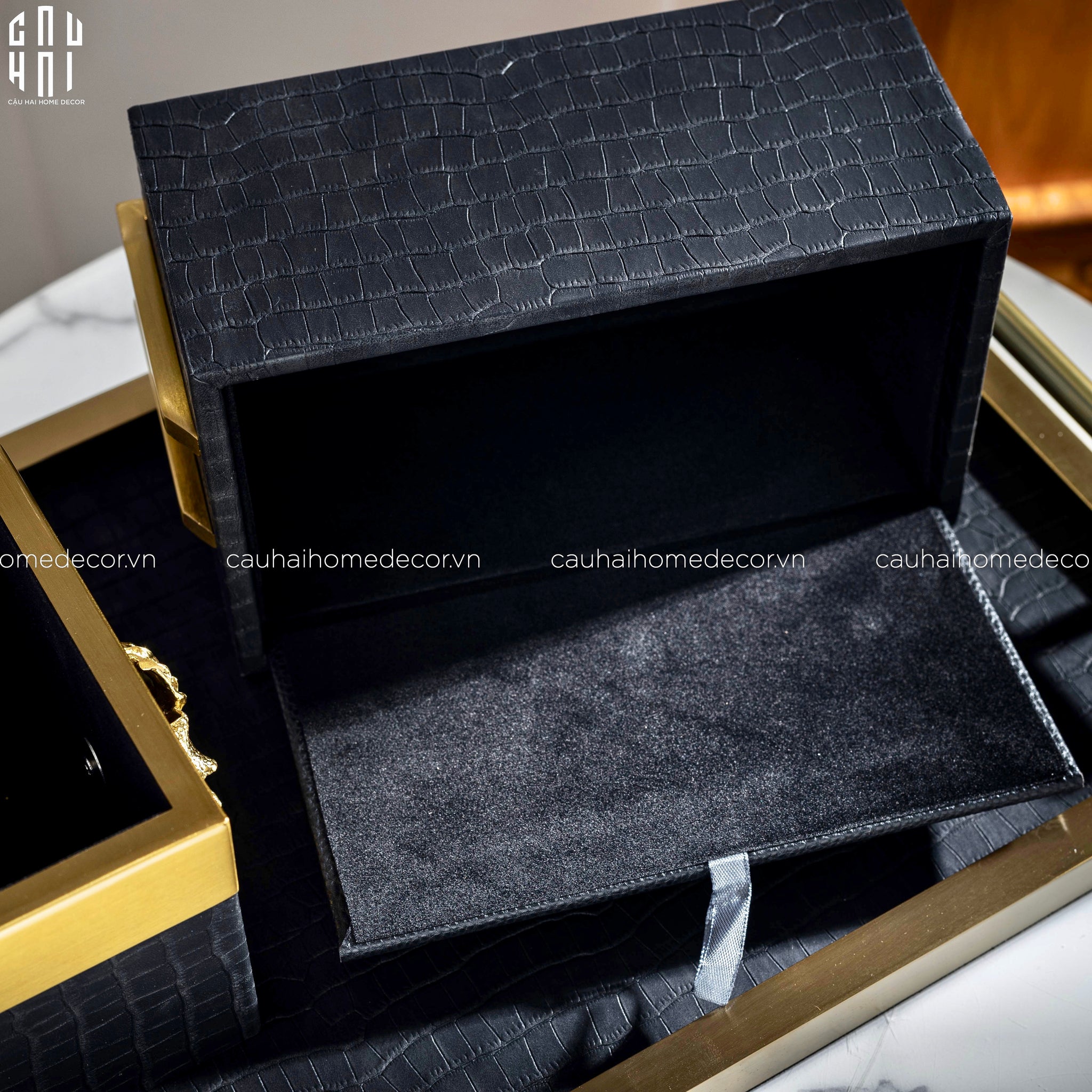 Maison Couture - Set Khay Hộp Giấy Gỗ Sồi  Da Cao Cấp - Luxe Oakwood Birkin Noire Vanities 3Pcs 30x40