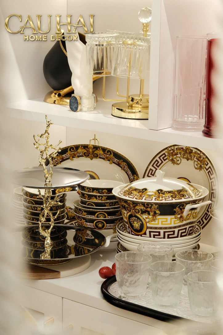 Maison Couture - Medusa V Class Signature Prestige Gala Dinnerware Set - Nero Oro Barocco 48Pcs