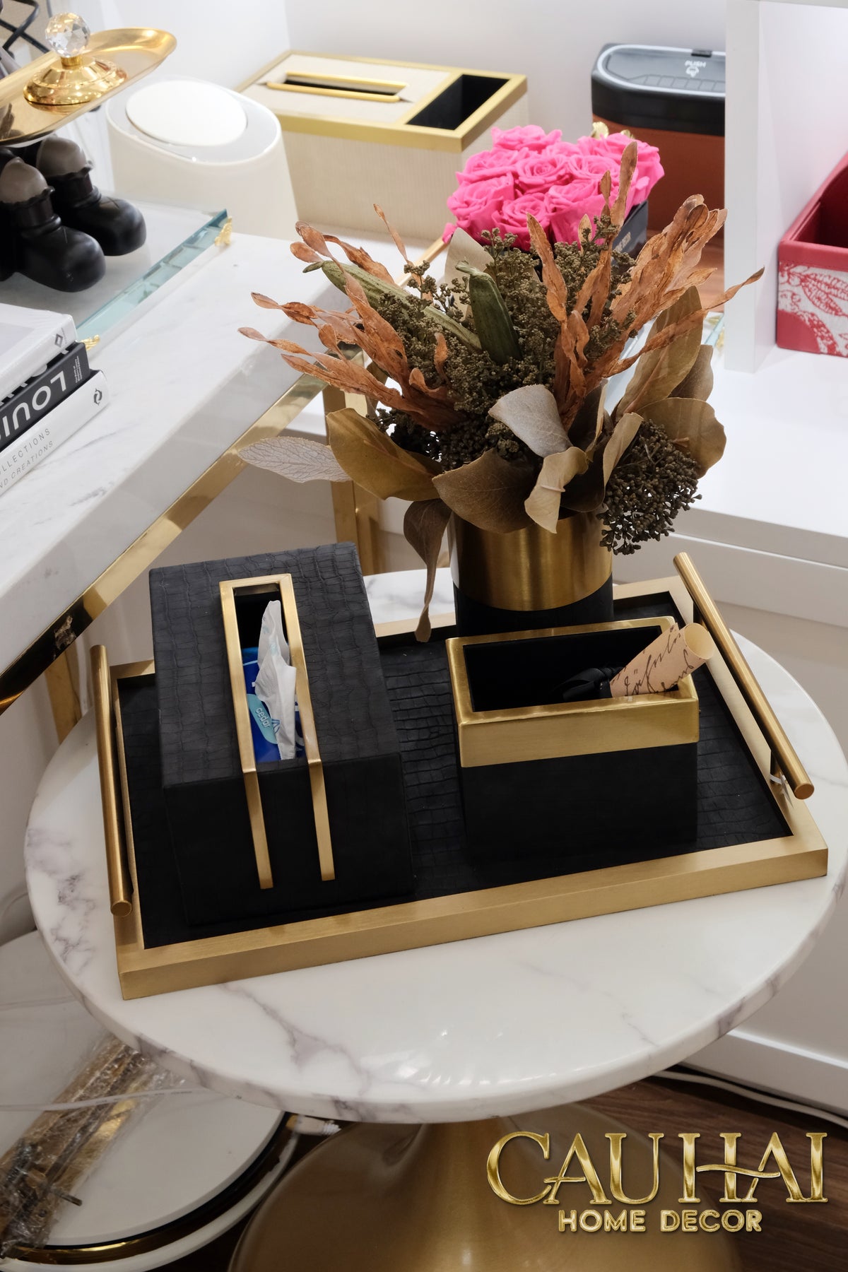 Maison Couture - Set Khay Hộp Giấy Gỗ Sồi Da Cao Cấp Có Bình Hoa - Luxe Oakwood Birkin Noire Vanities 4Pcs 30x40-CẬU HAI HOME DECOR