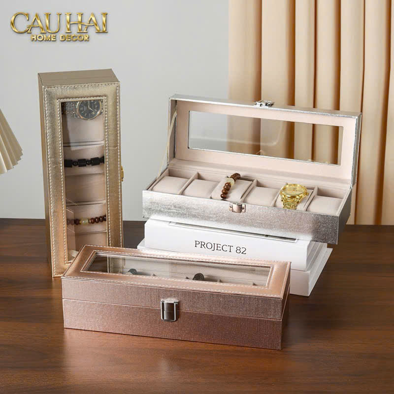 HỘP ĐỒNG HỒ DA GLAZE CHAMPAGNE 6 SLOTS-CẬU HAI HOME DECOR