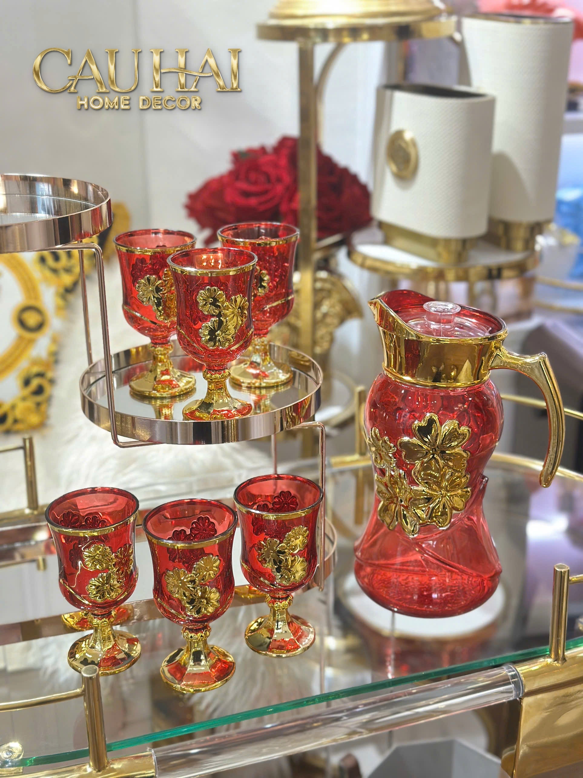 Set Binh Nuoc Thuy Tinh Grand Marquis Rubis Rouge Glass 7pcs