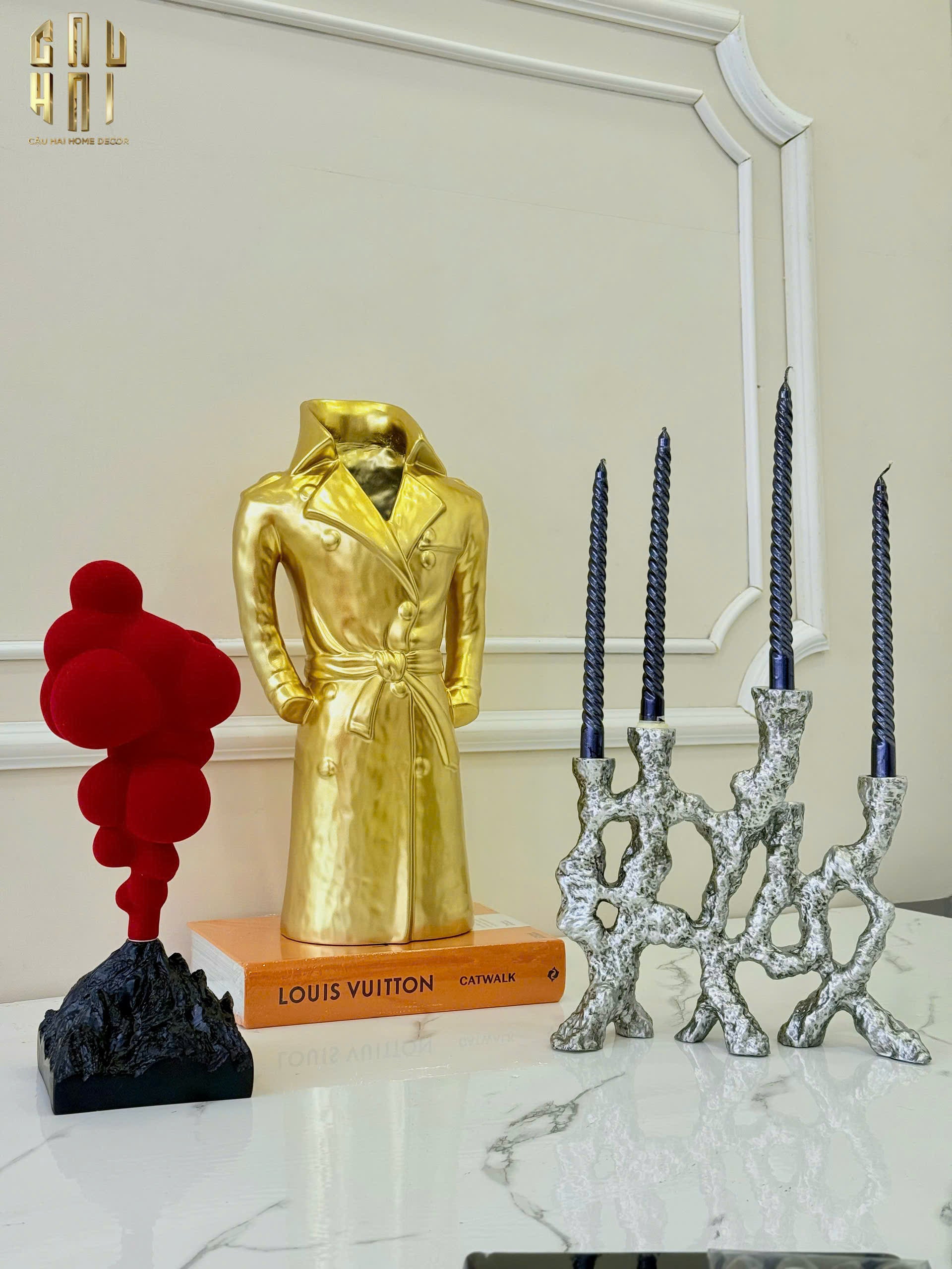 Elysian Couture Vase Statue Gilded Trench Coat