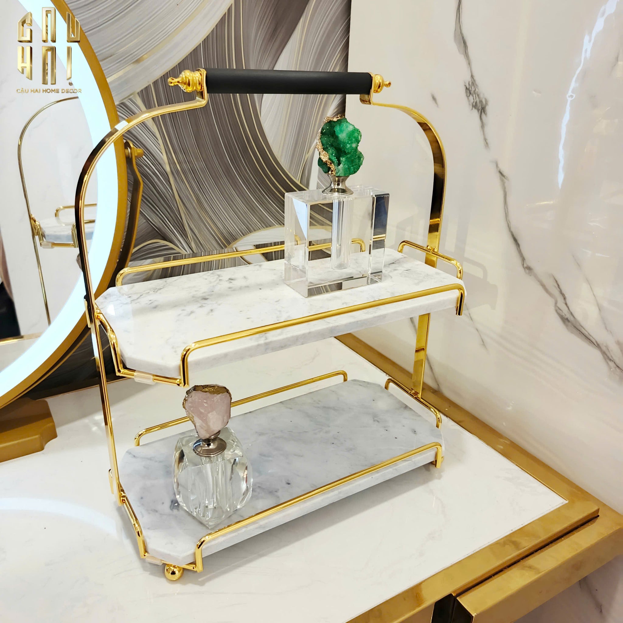 Haute Folie - White Marble 2-Tiered Vanity Tray/Shelf - Manor Tiered Organizers 30x37