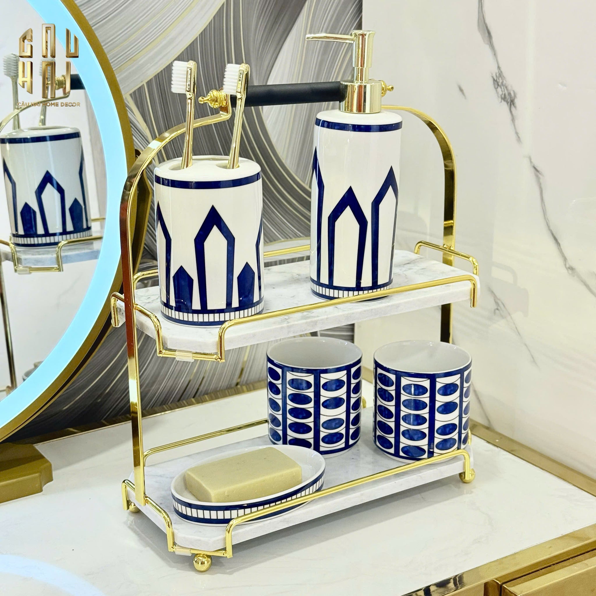Haute Folie - White Marble 2-Tiered Vanity Tray/Shelf - Manor Tiered Organizers 30x37