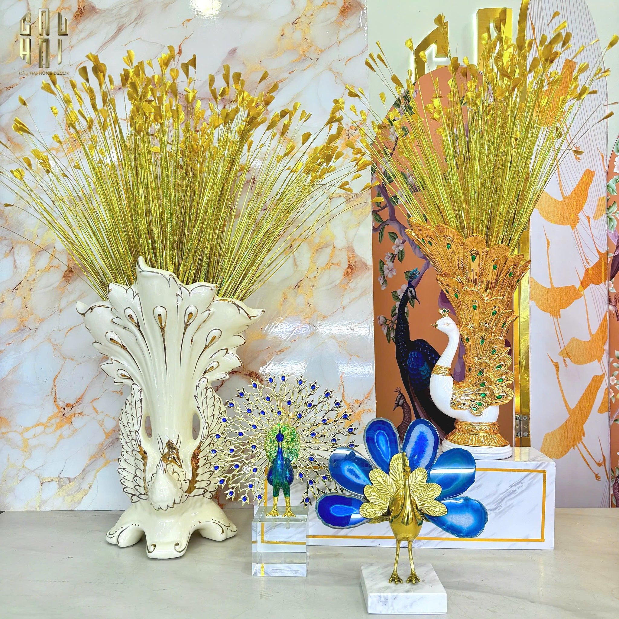 Maison Couture - Brass Onyx Peacock Statue The Vanity Of Hera