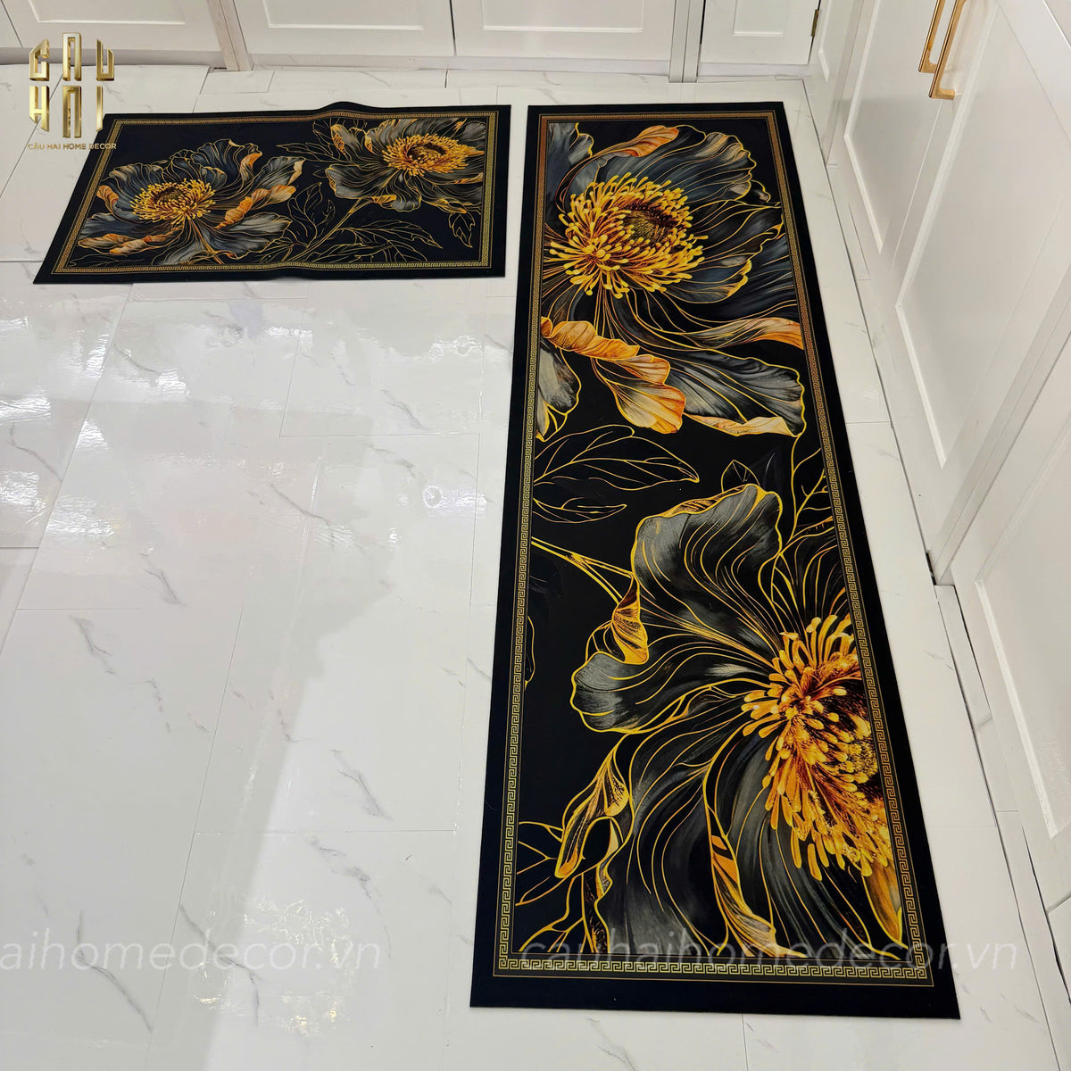 Set Thảm Bếp Microfiber 45x75/150 - Hoa Mẫu Đơn - Golden Pivoine-THẢM BẾP-CẬU HAI HOME DECOR