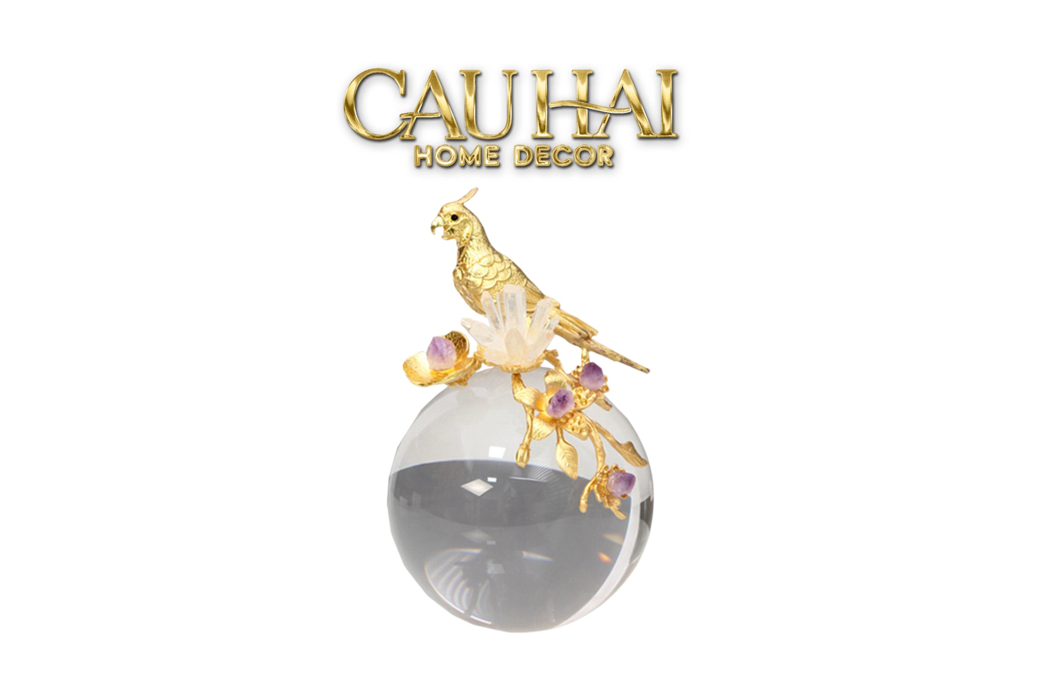 HOME COUTURE - TƯỢNG QUẢ CẦU CRYSTAL AMETHYST PARROT D'Or SPHERE H23