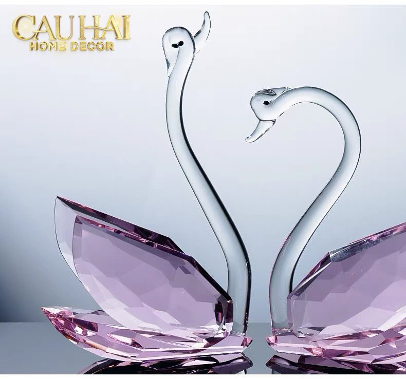 Set 2 Tượng Thiên Nga Pha Lê Trang Trí Crystal Swan Étreinte Rosé 2pcs