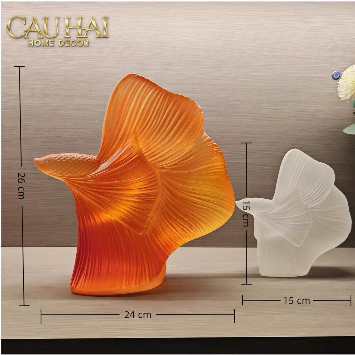 Maison Couture - Set Tượng Cá Nghệ Thuật Betta Resin Lumière Wave Amber Blanc
