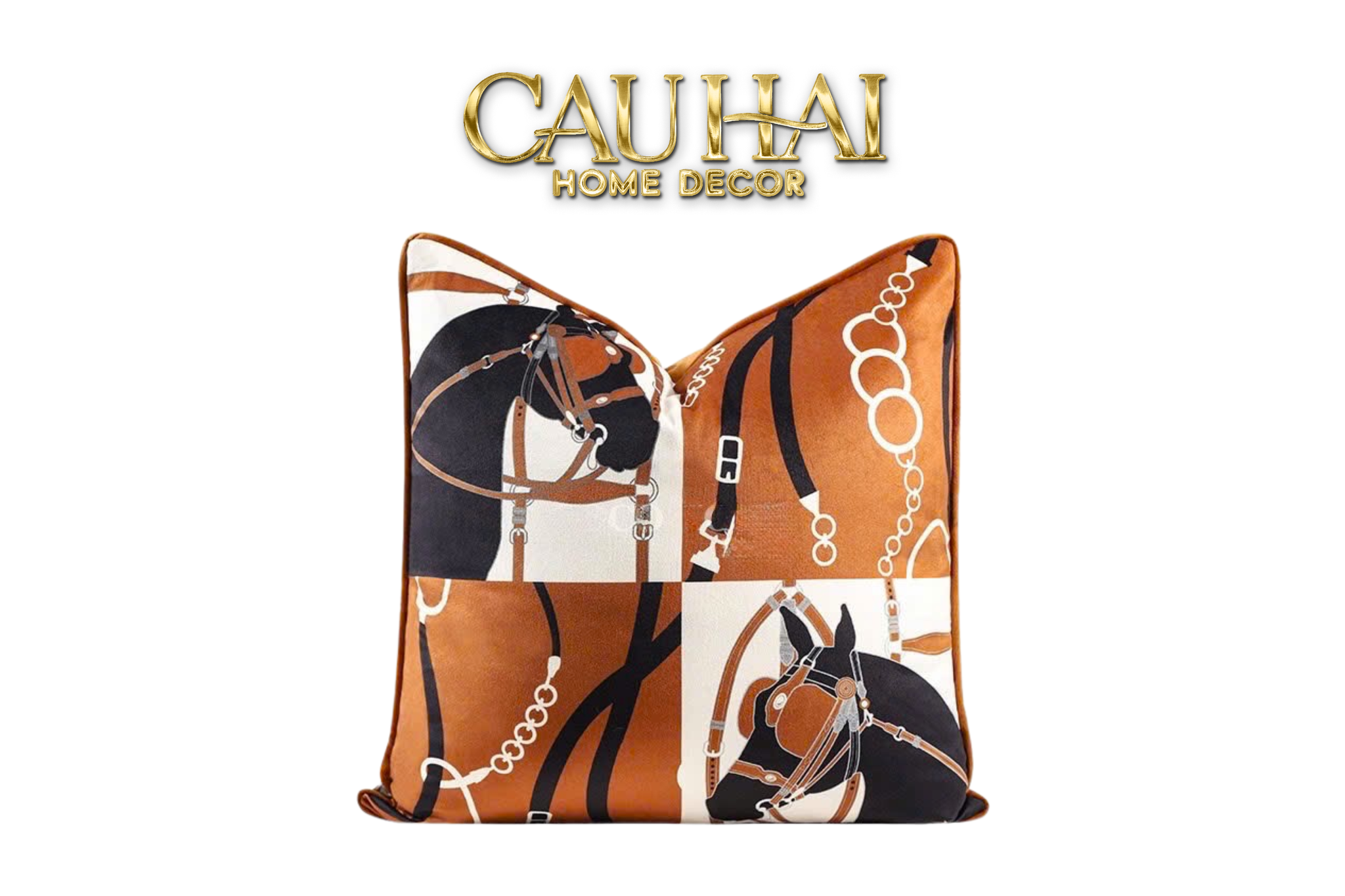 Vỏ Gối Nhung Triptyque Équestre Moderne Cognac 45