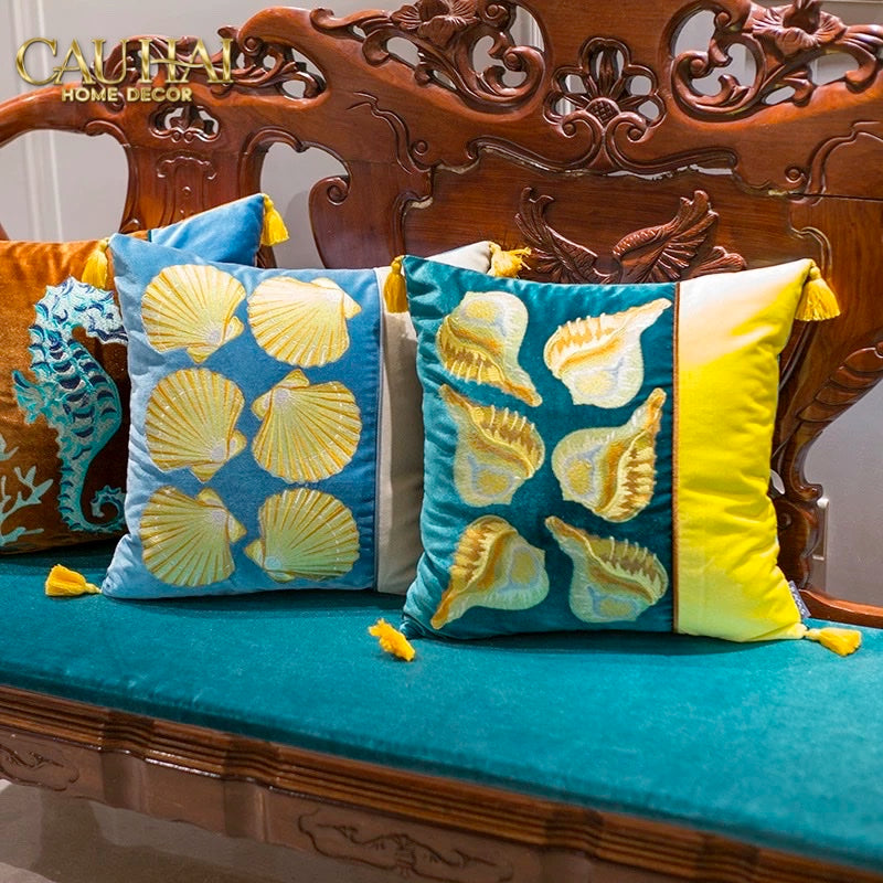 Vỏ Gối Silk Velvet Scallop Artisanal Raised Embroidery 45-CẬU HAI HOME DECOR