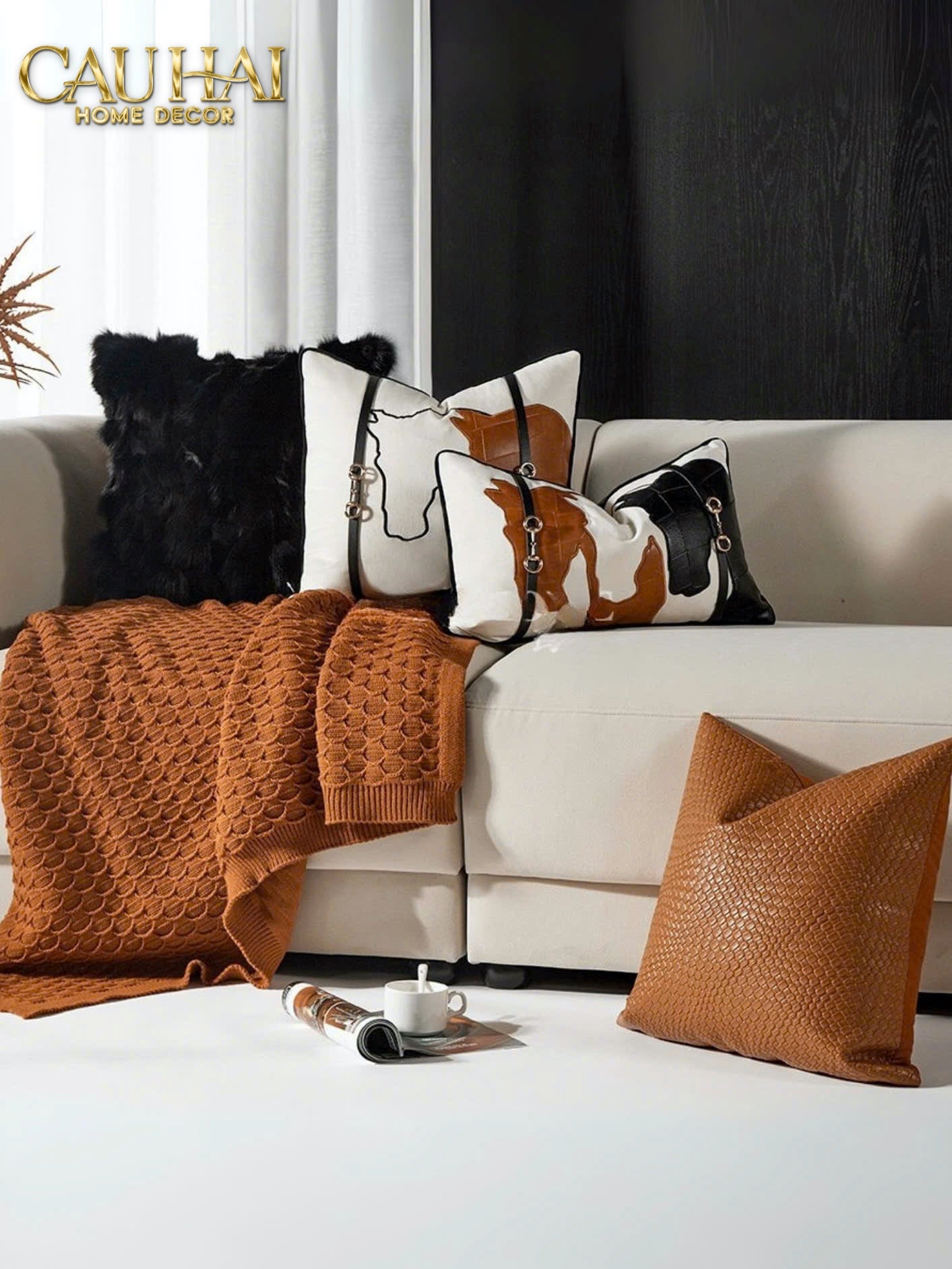 GỐI NHUNG LEATHER ÉQUESTRE PATCHWORK HARNESS 30x50-CẬU HAI HOME DECOR