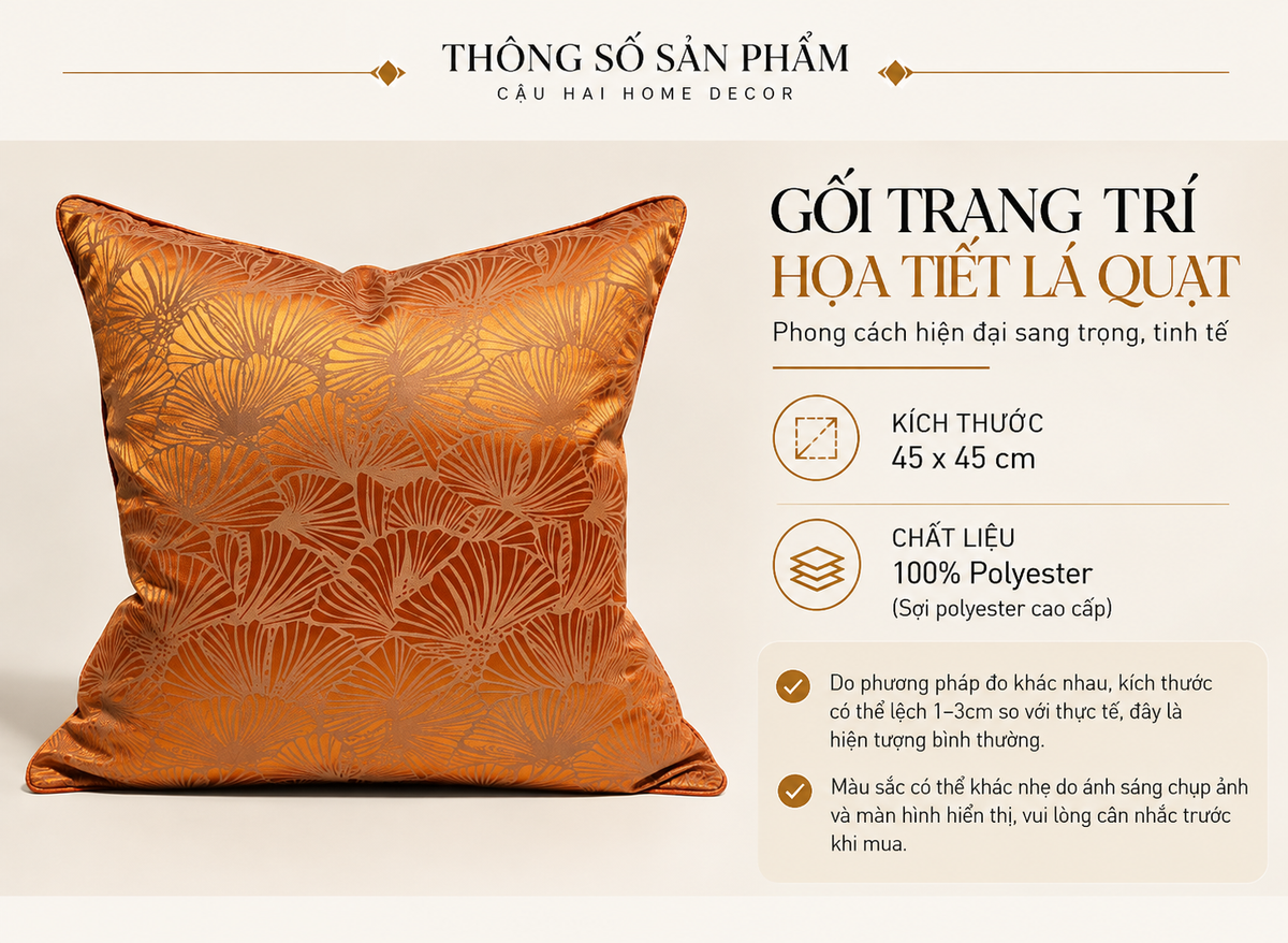 Vỏ Gối Jacquard Art Deco Ginkgo Copper 45x45-Vỏ Gối Trang Trí-Cậu Hai Home Decor-CẬU HAI HOME DECOR
