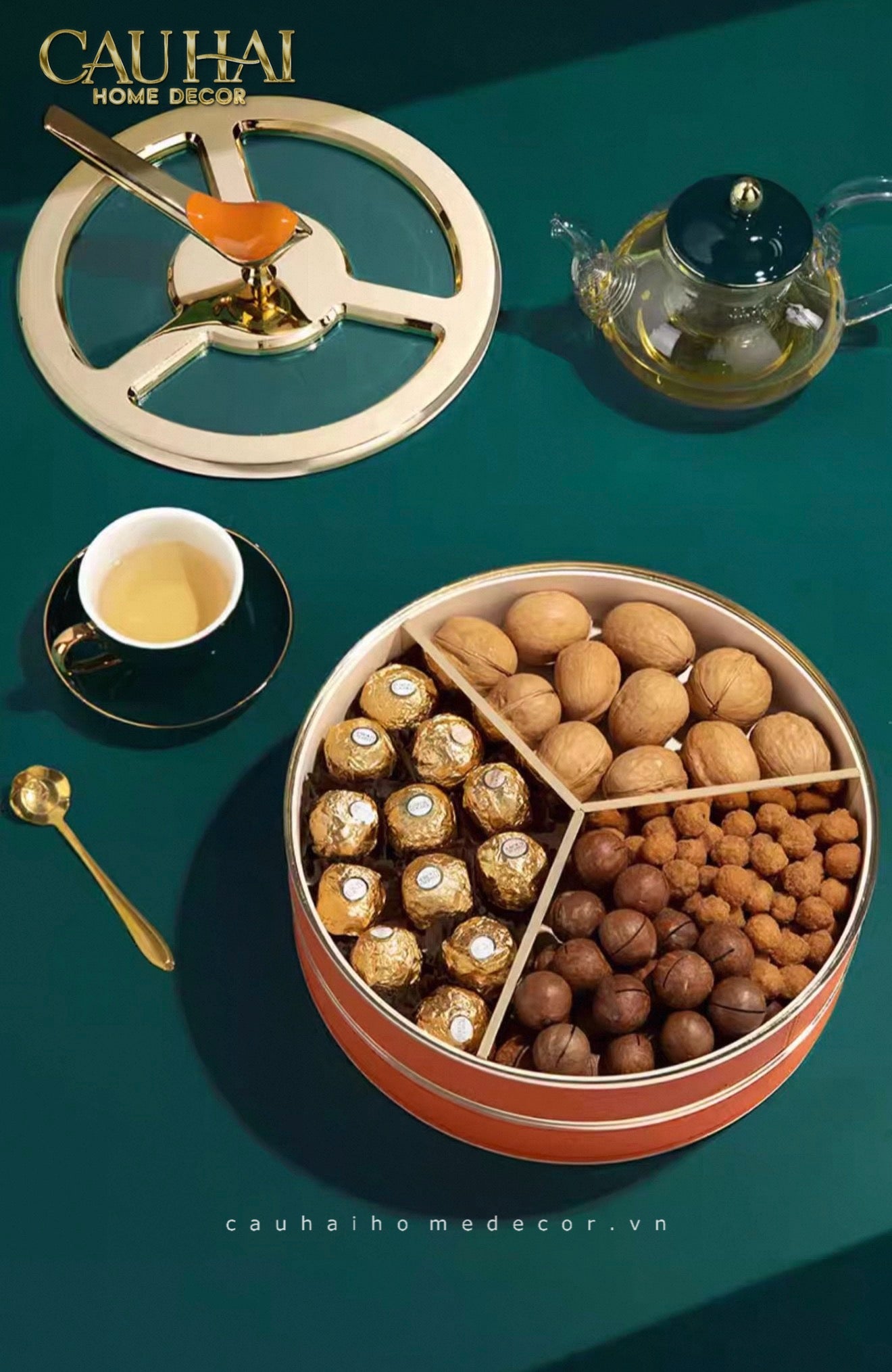 Tết Couture - Hộp Bánh Mứt 2 Tầng Bản Đặc Biệt Da Cam -  Golden Bird Royale - Sienna Leather 26x19