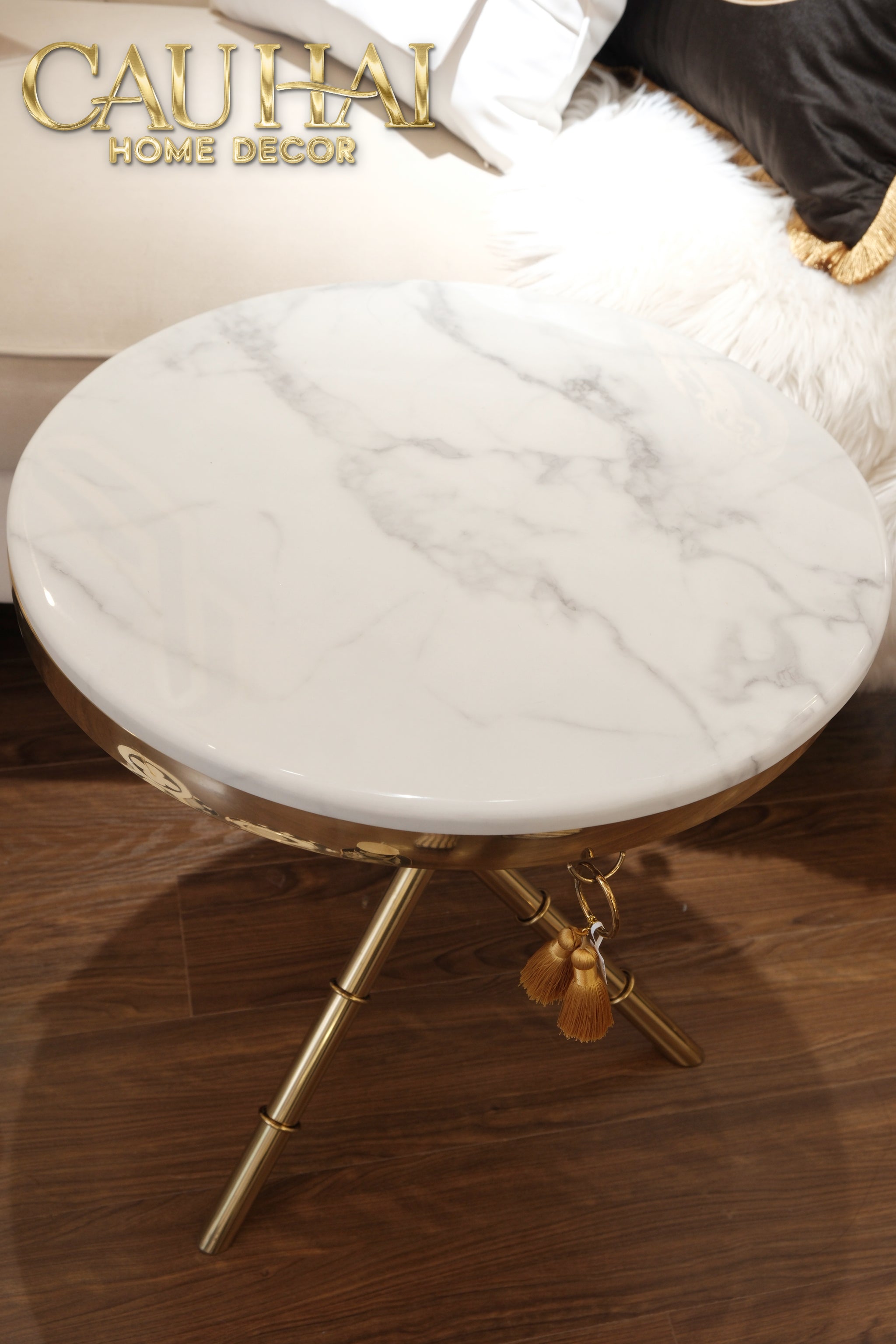 Bàn Sofa Marble Tròn Chinoiserie Bamboo D'Or Ivory H49x53
