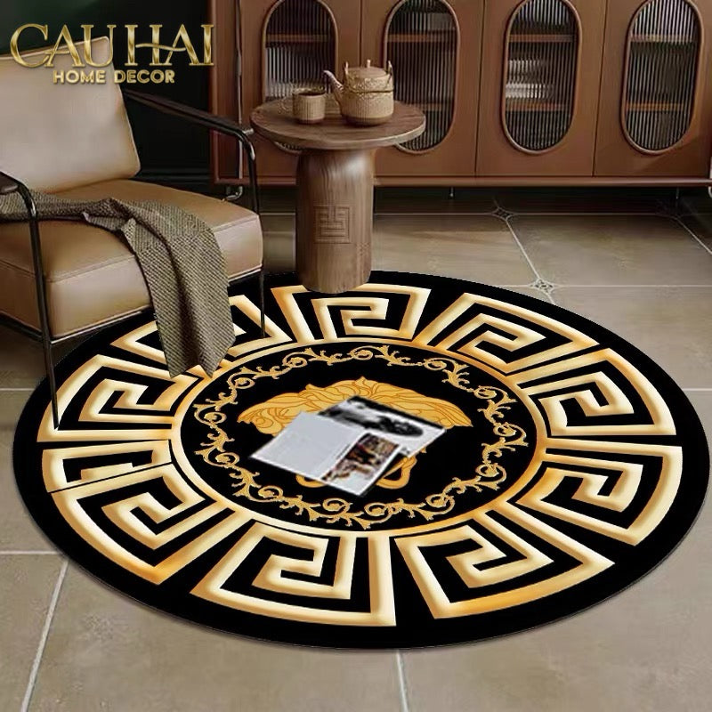 THẢM TRÒN D80 TRẢI SÀN NHUNG BỈ - ROUND CARPET GIANNI VERS. MEDUSA GREEK KEY-CẬU HAI HOME DECOR