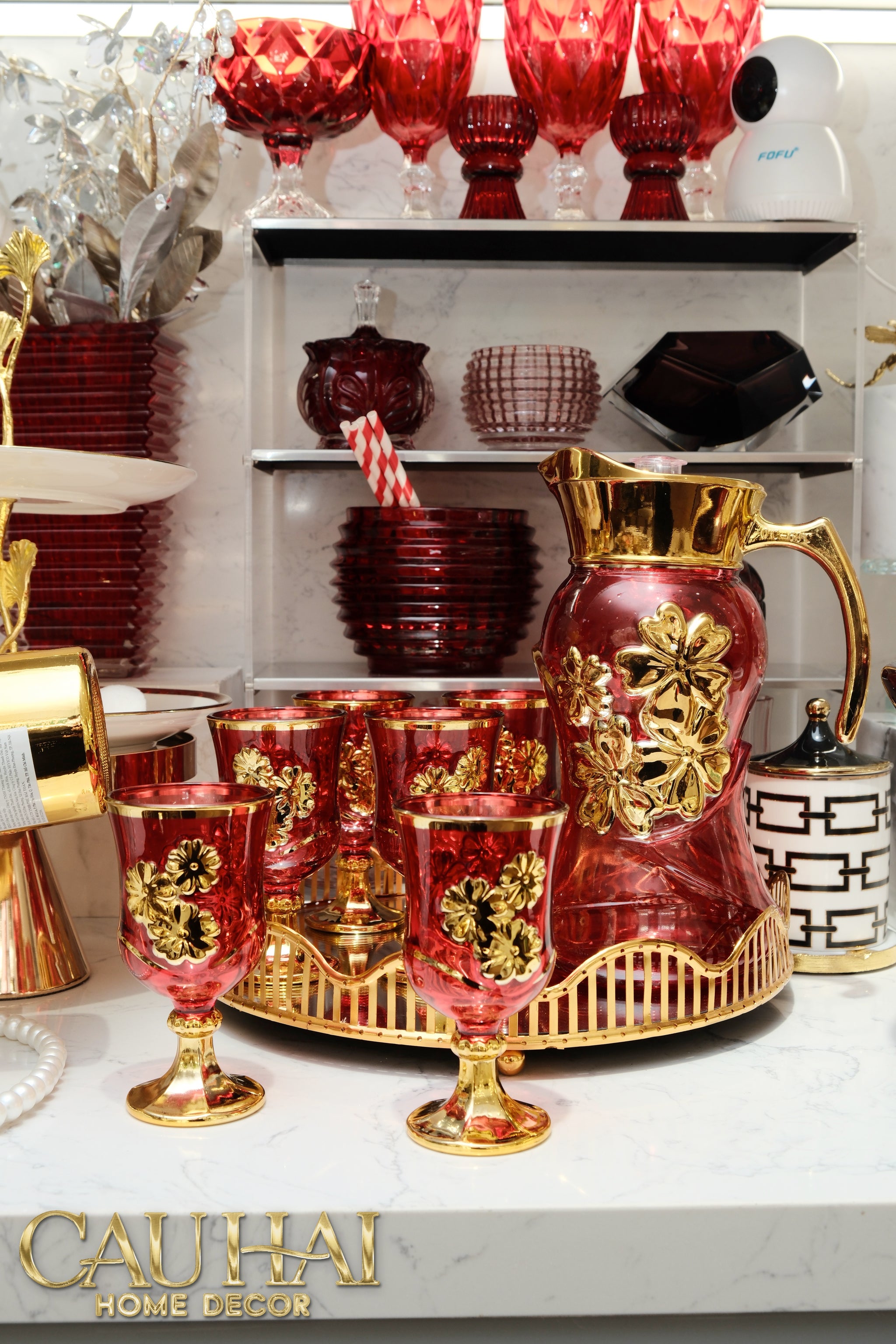 Set Binh Nuoc Thuy Tinh Grand Marquis Rubis Rouge Glass 7pcs