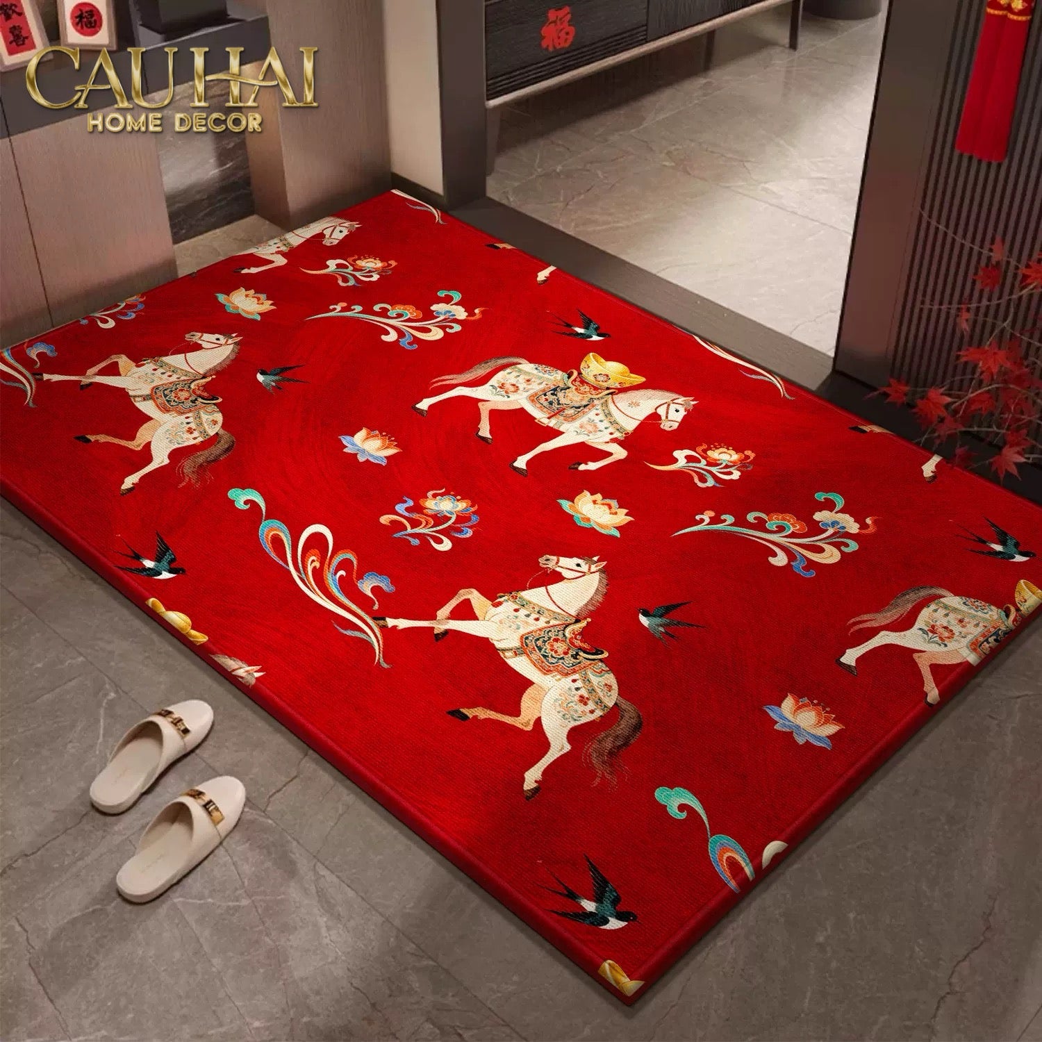 Thảm Cửa Nhung Bỉ 80x100 -  Chu Mã  Tứ Hỷ - Crimson Rouge Chevaux Royaux