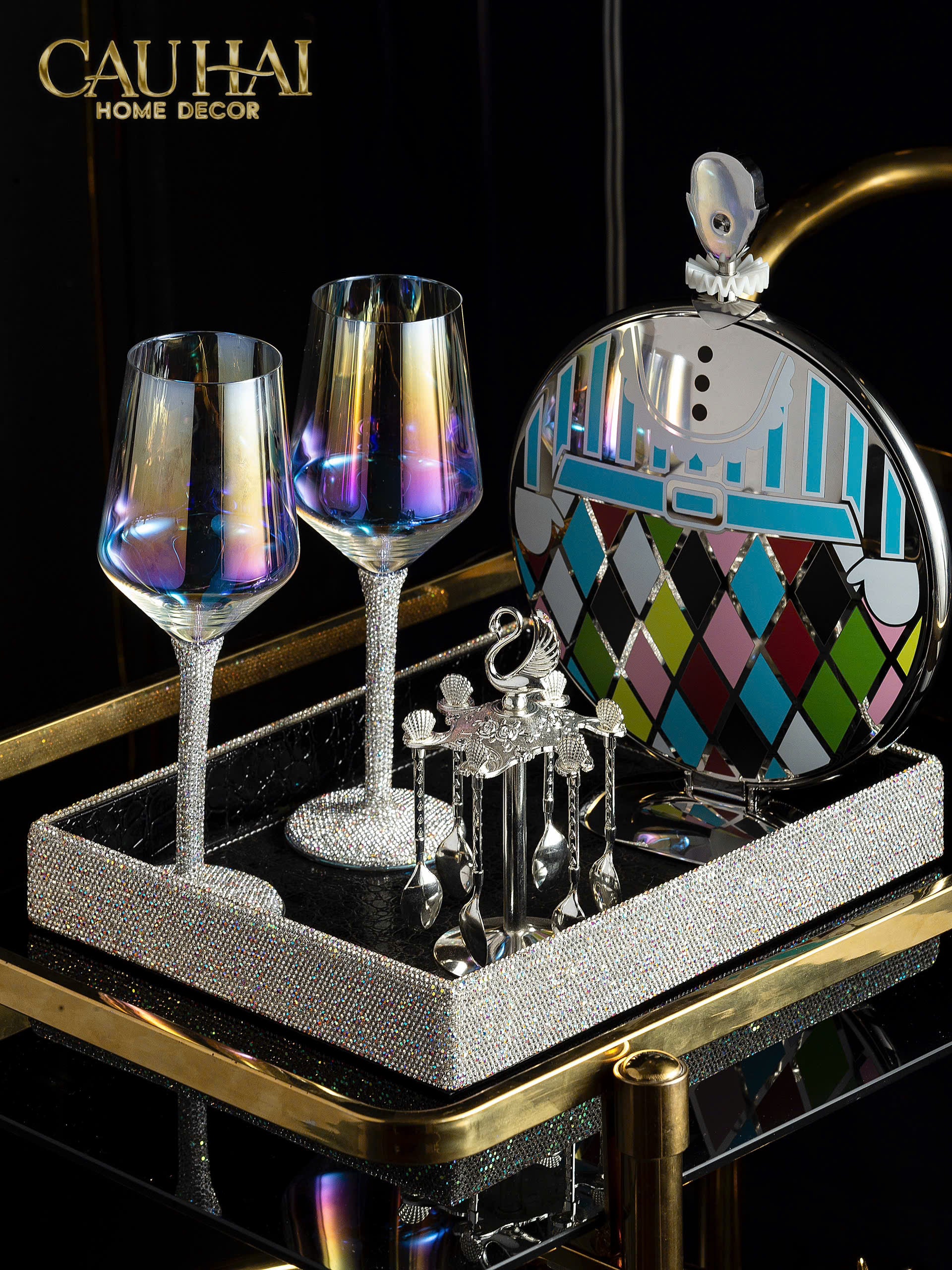 KHAY FRUIT & DESSERT ÉTAGÈRE HARLEQUIN LMT – CRYSTAL STEEL TRAY-CẬU HAI HOME DECOR