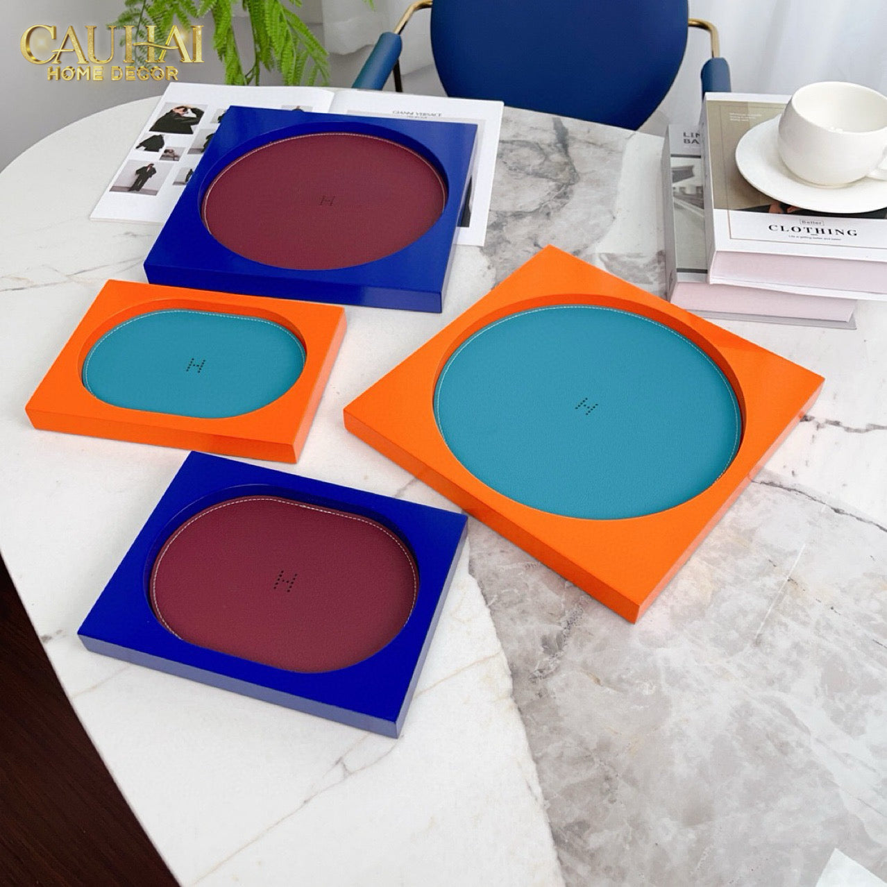 Maison Couture – Khay Vuông Gỗ Da Équinoxe Cyan