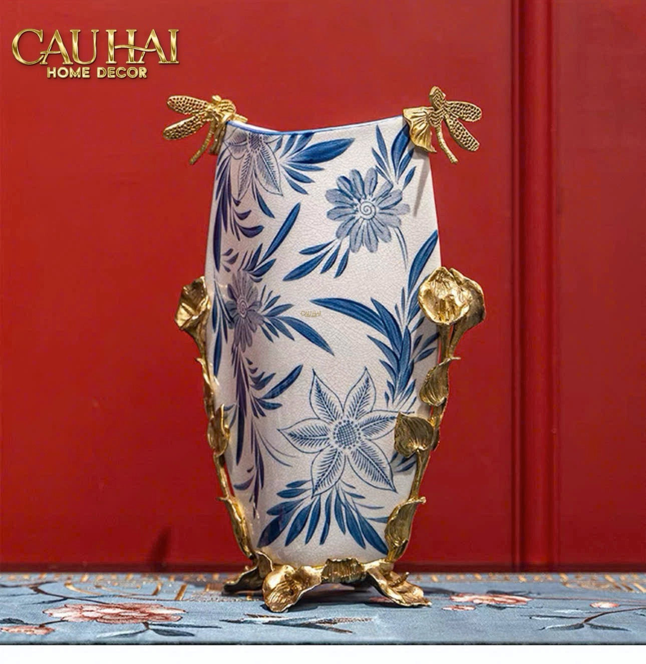 Maison Couture - Bình Hoa Imperium Empire Divine Vase - Dragonfly Horizon Urn Indochine Bleu  H35x24x16