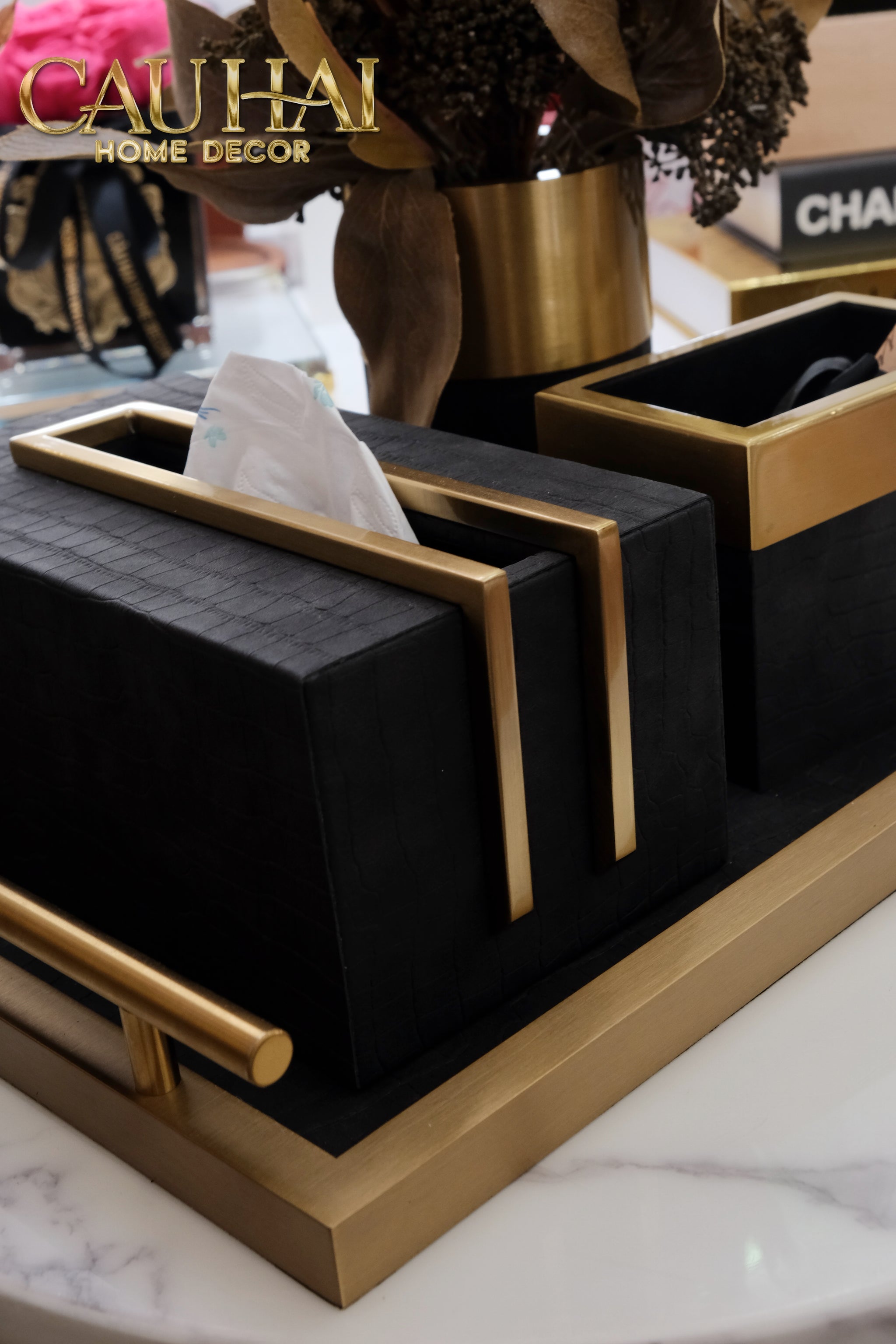 Maison Couture - Set Khay Hộp Giấy Gỗ Sồi Da Cao Cấp Có Bình Hoa - Luxe Oakwood Birkin Noire Vanities 4Pcs 30x40-CẬU HAI HOME DECOR