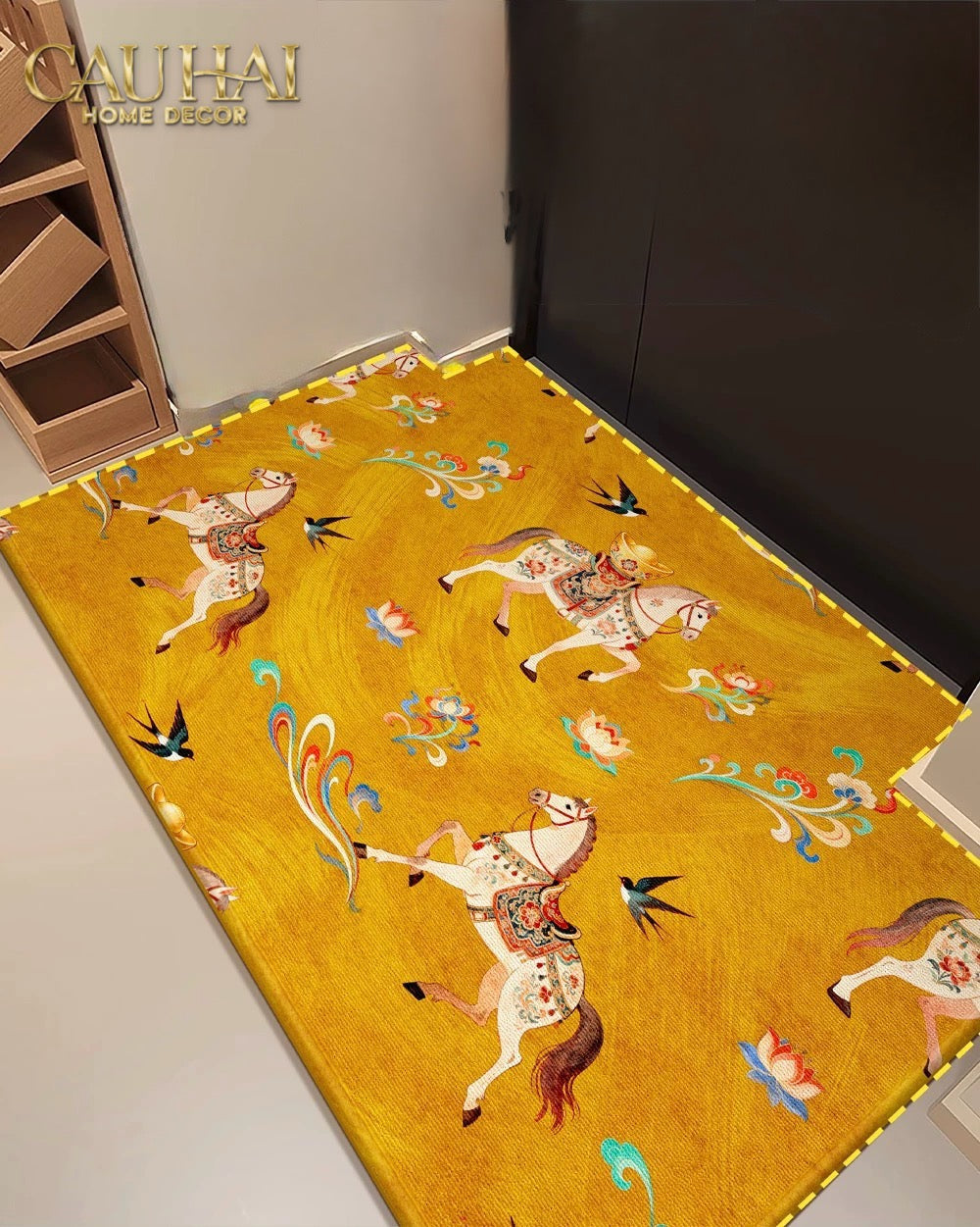 Thảm Cửa Nhung Bỉ 80x100 -  Kim Mã Tam Bảo - Triptyque Fortune Chevaux