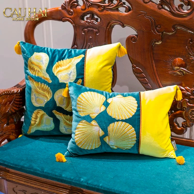 Vỏ Gối Silk Velvet Scallop Artisanal Raised Embroidery 45-CẬU HAI HOME DECOR