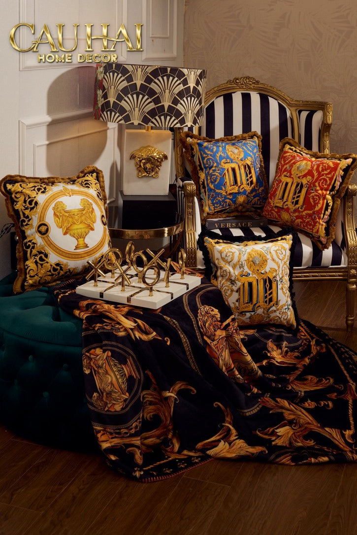 Chăn Nhung Cao Cấp Virtus Gala Black Barocco Frame - Luxury Velvet Blanket 150X200.