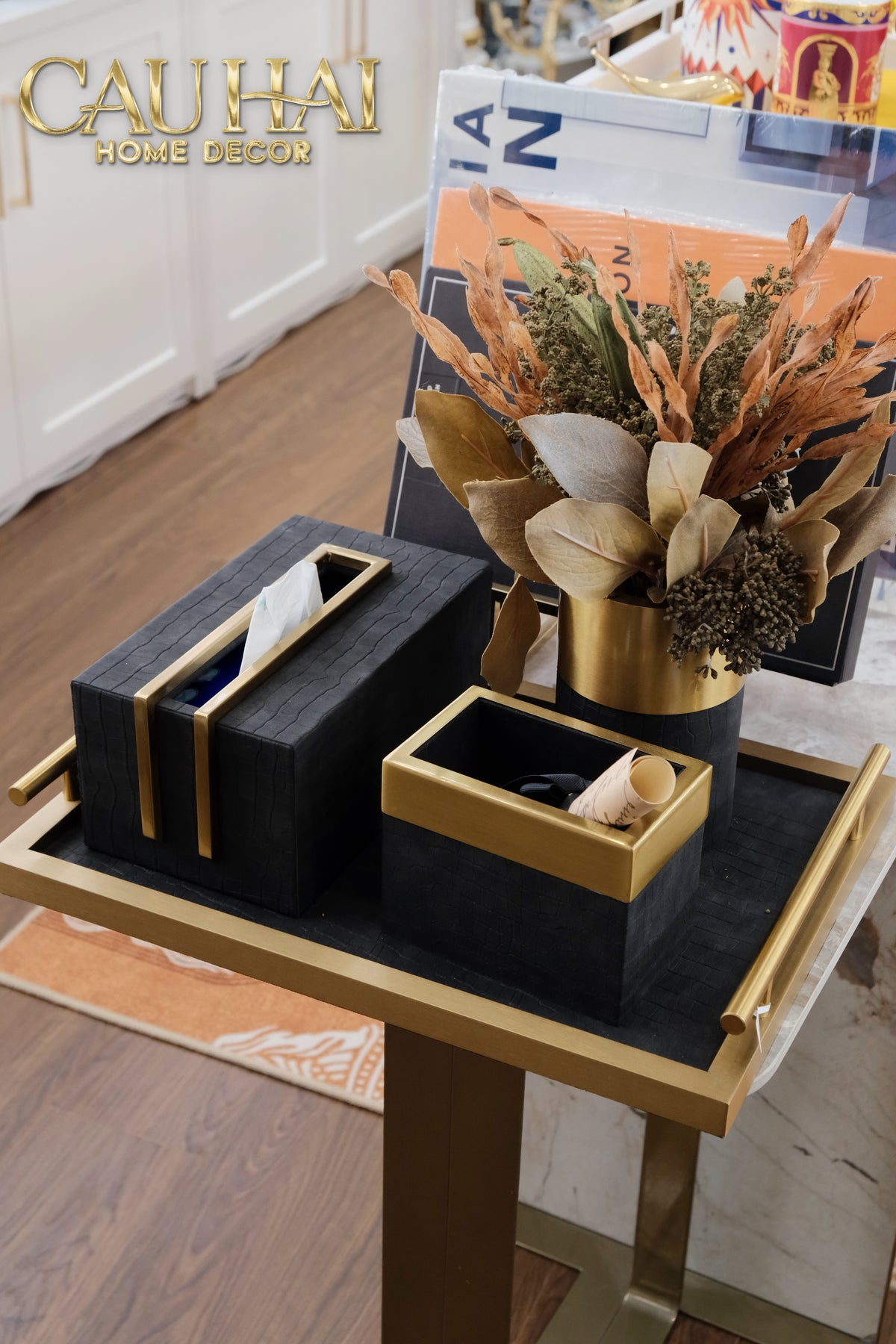 Maison Couture - Set Khay Hộp Giấy Gỗ Sồi Da Cao Cấp Có Bình Hoa - Luxe Oakwood Birkin Noire Vanities 4Pcs 30x40-CẬU HAI HOME DECOR