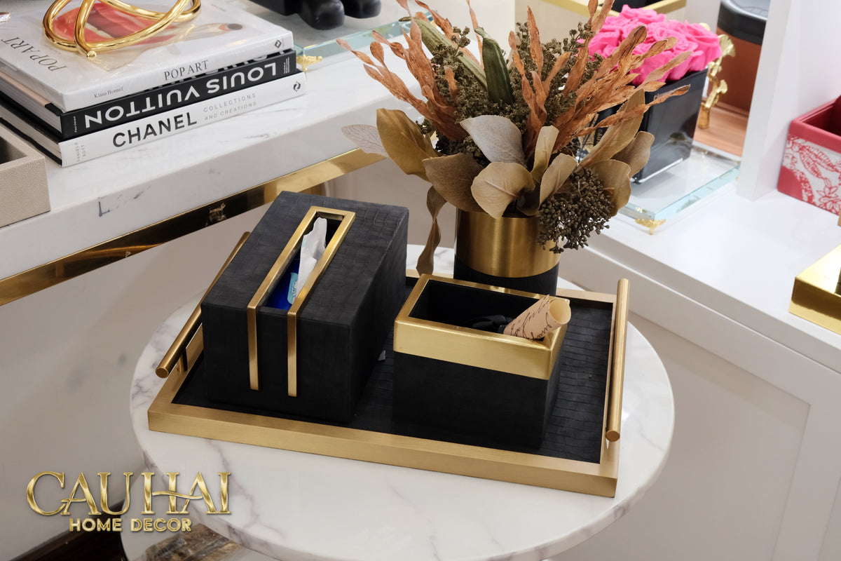Maison Couture - Set Khay Hộp Giấy Gỗ Sồi Da Cao Cấp Có Bình Hoa - Luxe Oakwood Birkin Noire Vanities 4Pcs 30x40-CẬU HAI HOME DECOR