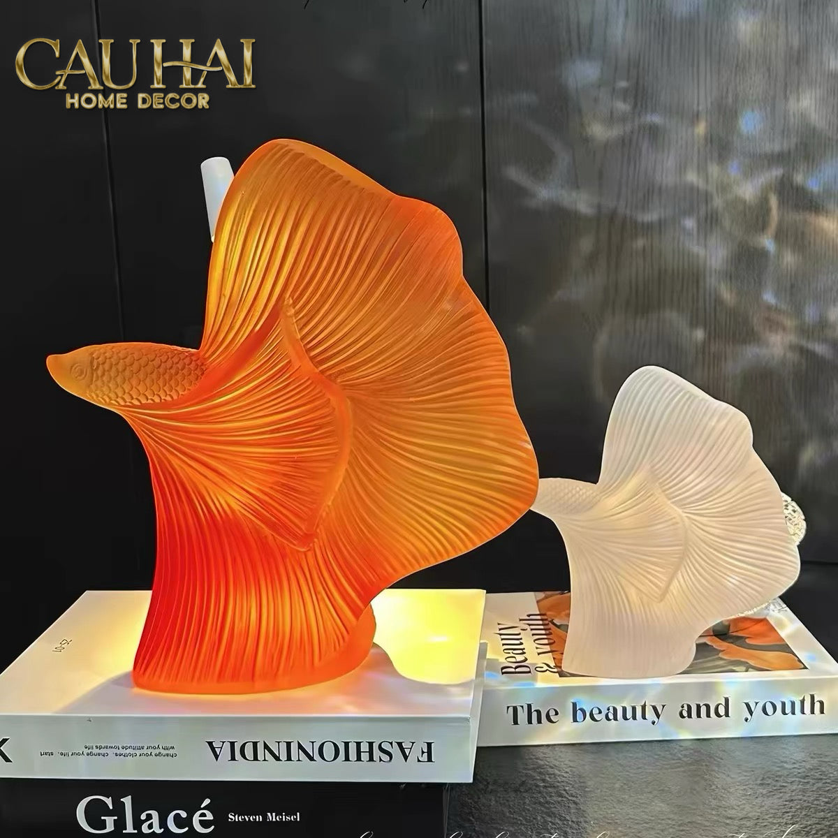 Maison Couture - Set Tượng Cá Nghệ Thuật Betta Resin Lumière Wave Amber Blanc
