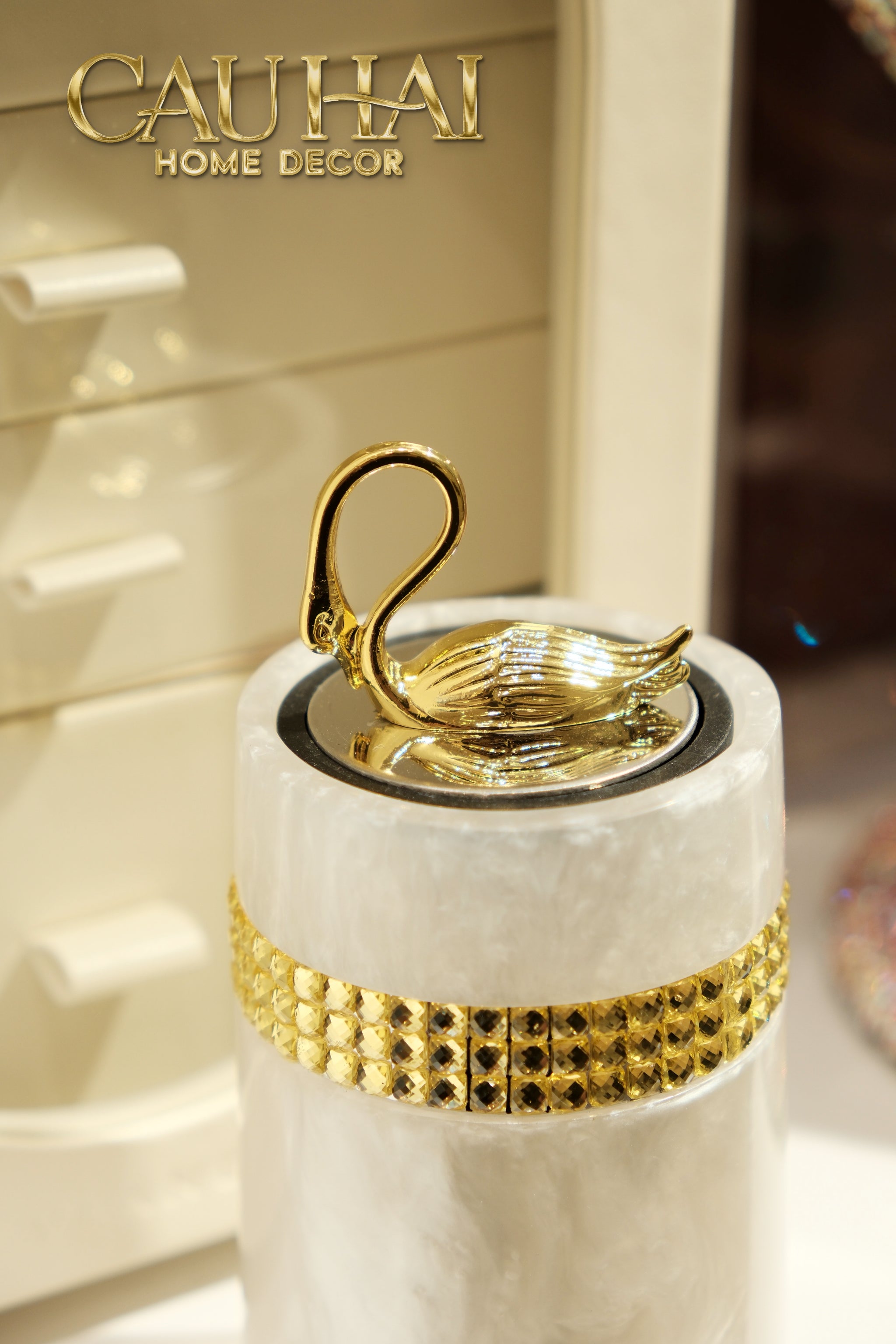 Lọ Tăm Khảm Xà Cừ Resin Cygne Nacre D'Or Toothpick Holder 6x12
