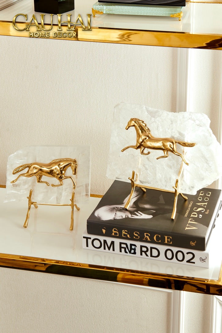 Maison Couture -  Set 2 Tượng Ngựa Đồng Đá Thạch Anh Équestre  Gilded Hidden Stallion Grande Quartz