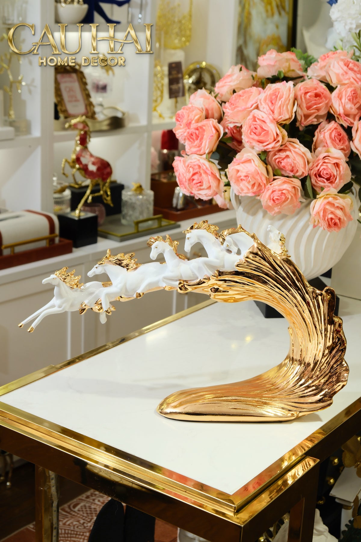 Tượng Ngựa Ceramic Vague de Fortune D'Or 48x10x29