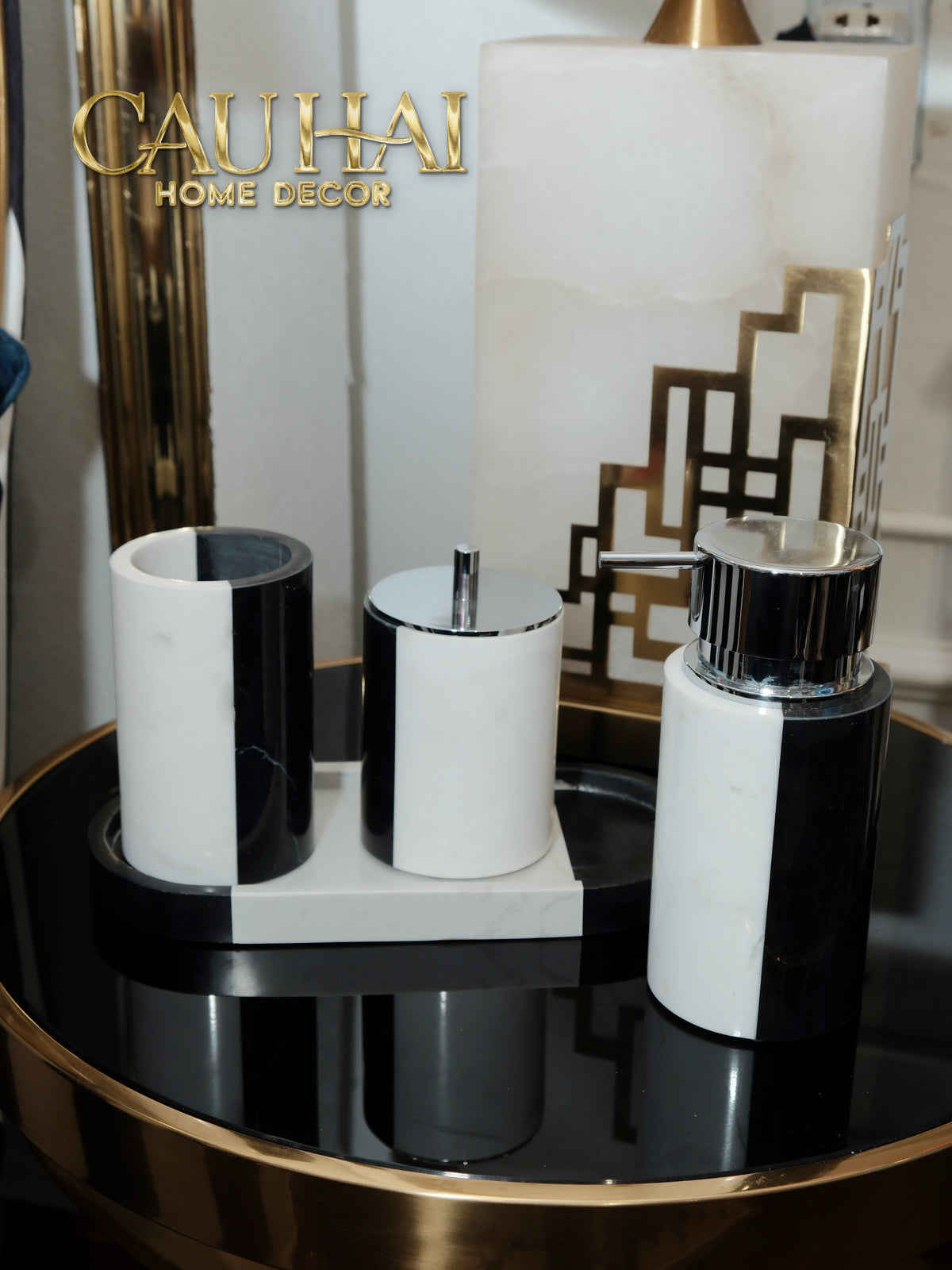 Special Edition Black and White Marble Bathroom Set - Monolith Noir & Ivoire Oval Tray - Bathroom Vanities 4pcs