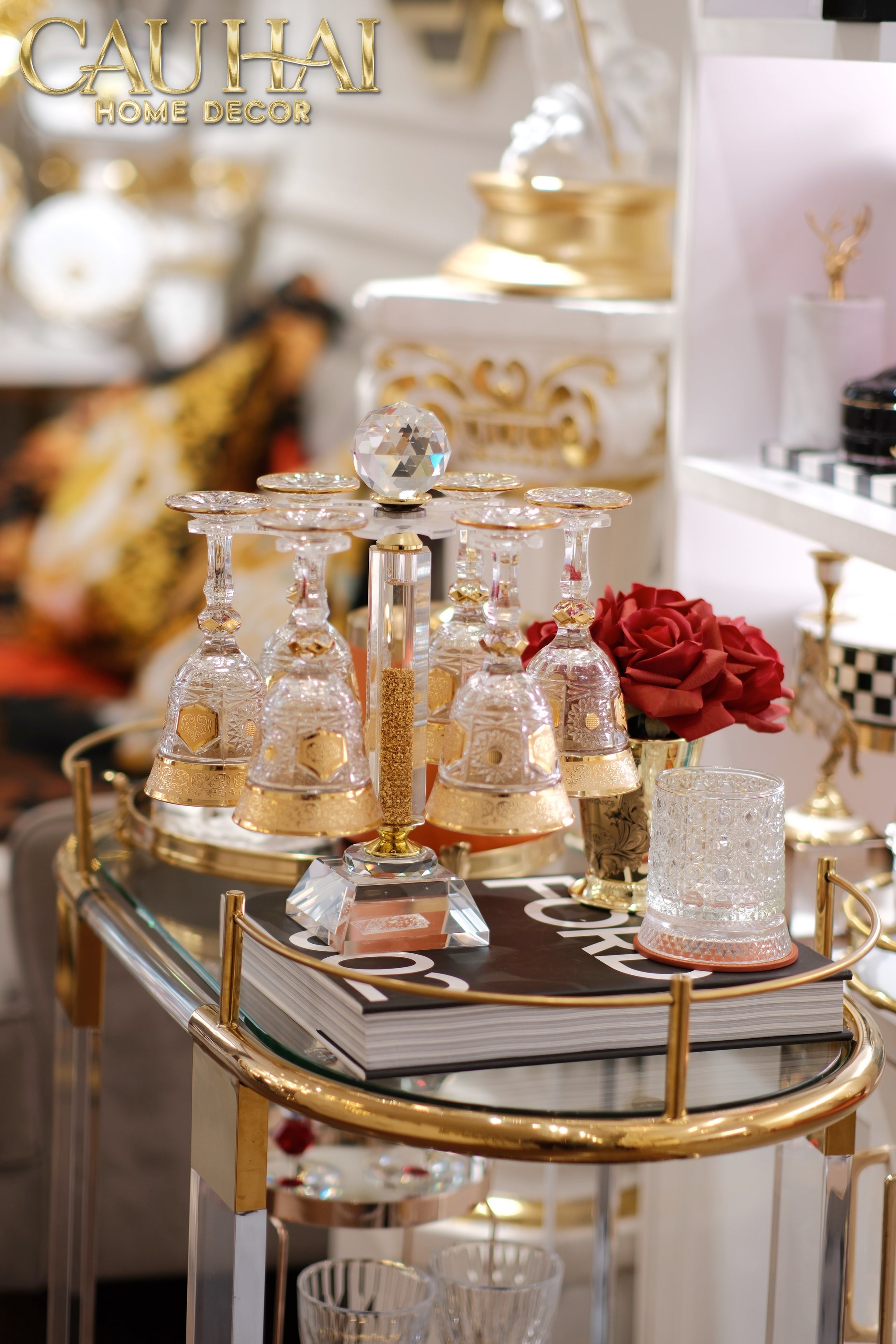 Maison Couture - Xe Đẩy Quầy Bar/ Bar Cart Oval 2 Tầng Kính Acrylic L’Arc Doré