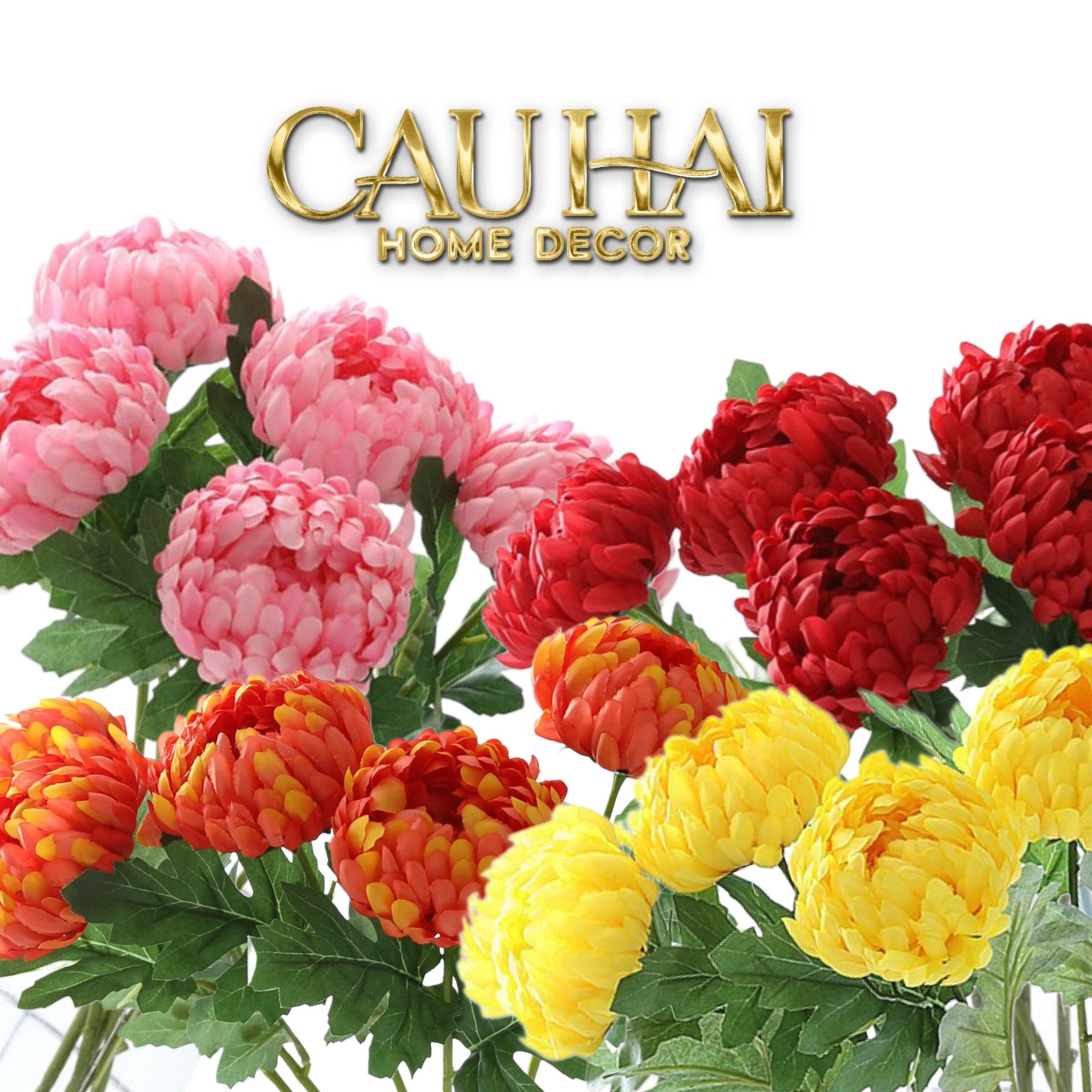 Set 5 Cành Hoa Cúc Mẫu Đơn Peony Đỏ/Hồng/Vàng/Cam