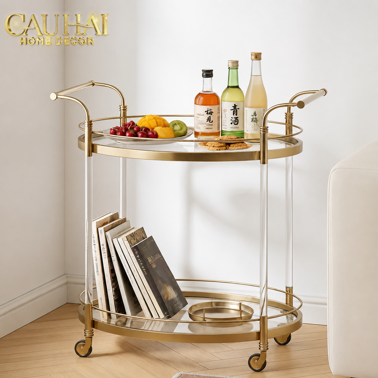 Maison Couture - Xe Đẩy Quầy Bar Cart Golden Lucid Acrylic Lumière Stemware