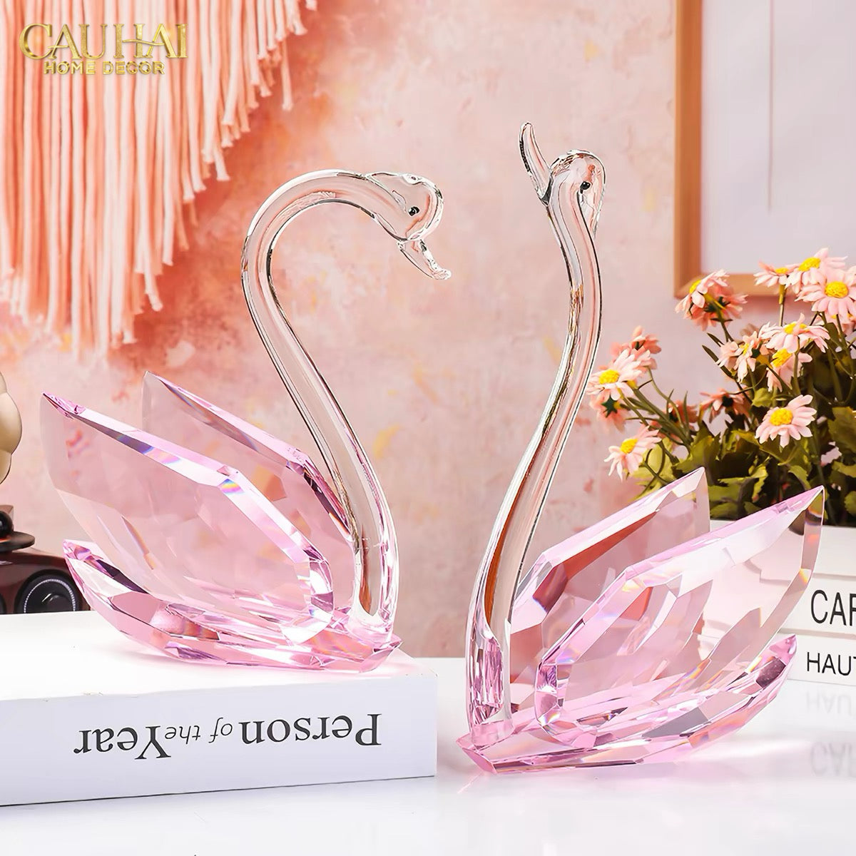 Set 2 Tượng Thiên Nga Pha Lê Trang Trí Crystal Swan Étreinte Rosé 2pcs